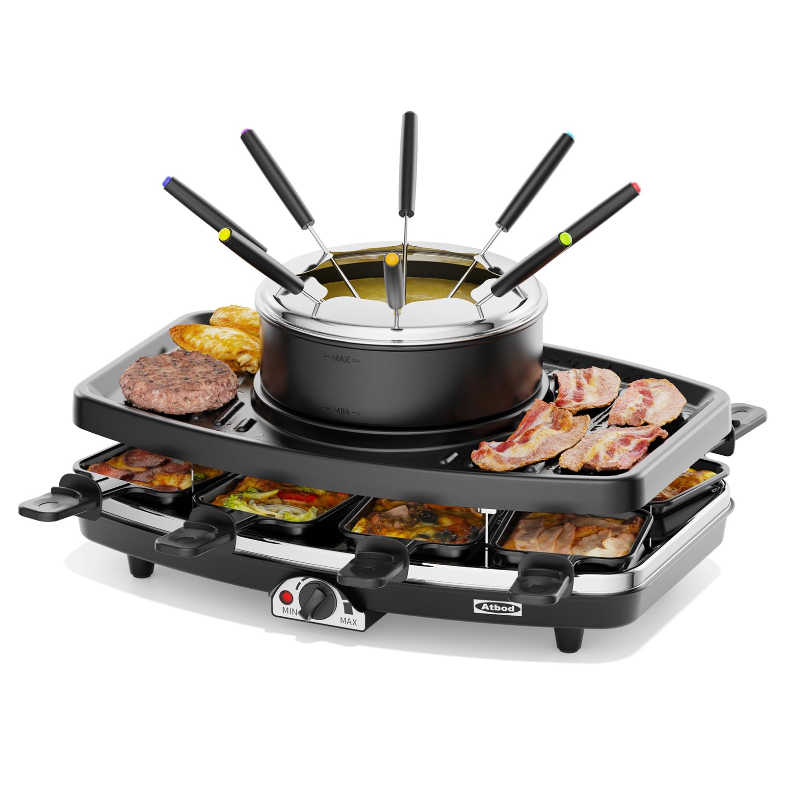 Elektryczne zestawy garnków do fondue, elektryczny grill stołowy do raclette, dla 8 osób, regulowana regulacja temperatury i 8 wioseł, idealny na imprezy i rodzinną zabawę