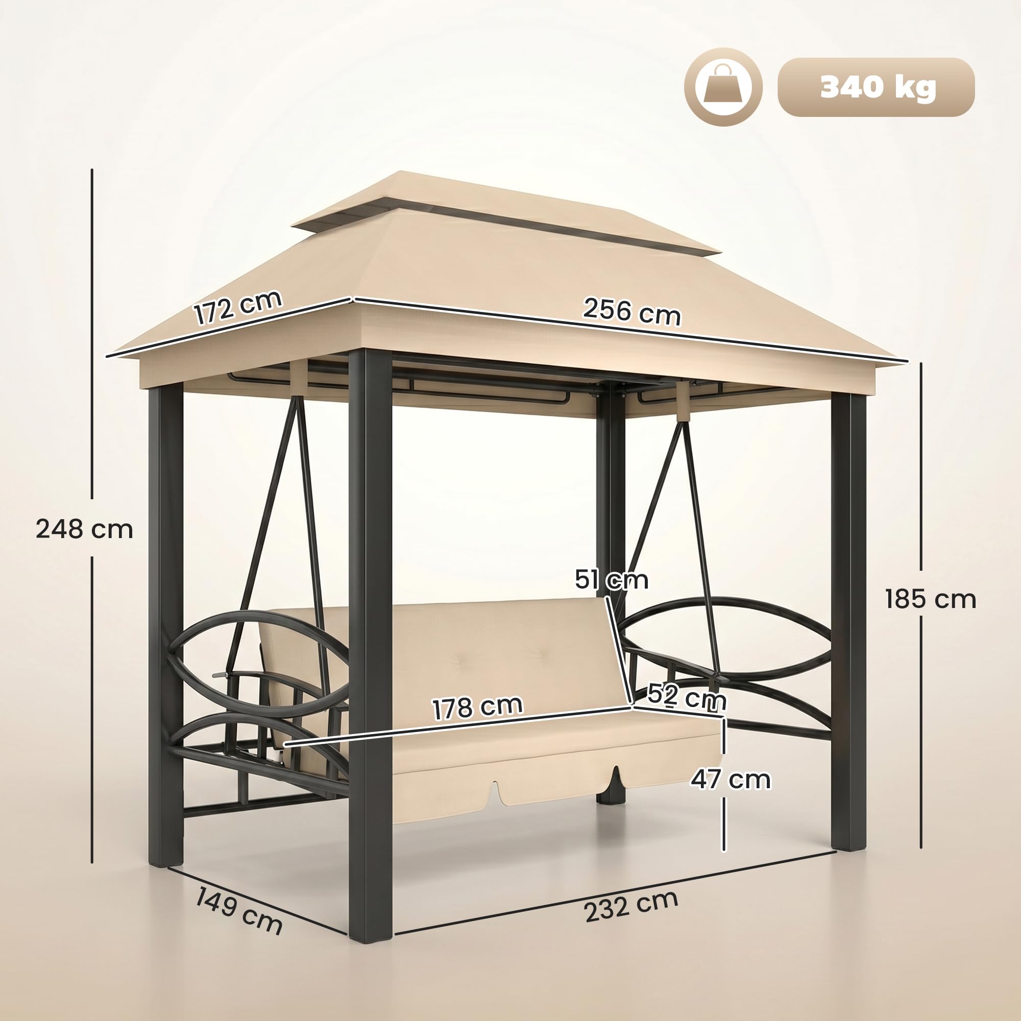 Outsunny Hollywoodschaukel Gartenschaukel Schaukel mit Seitenwänden 3-Sitzer Beige 256 x 172 x 248 cm
