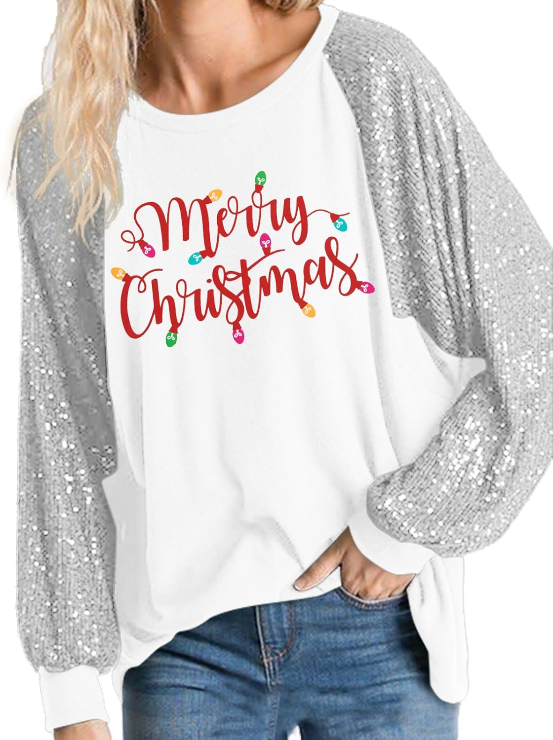 ALLTB Women's Sequin Tops Sparkle Long Sleeve Blouses Shimmer Glitter Sweatshirt Party Crewneck Loose Fit Shirts