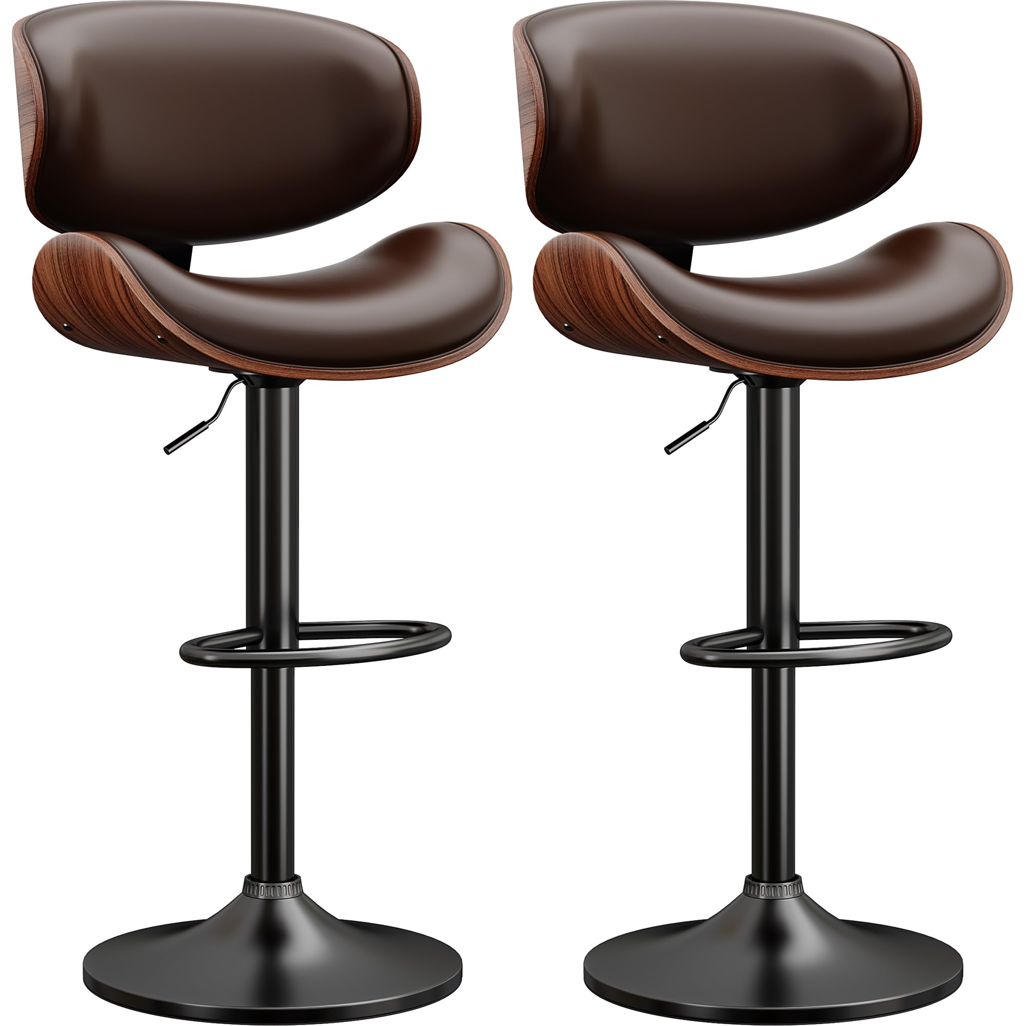 Swivel Bar Stools Set of 2, Modern PU Leather Adjustable Counter Stool, Barstool with Back and Footrest for Home Kitchen Island, Brown