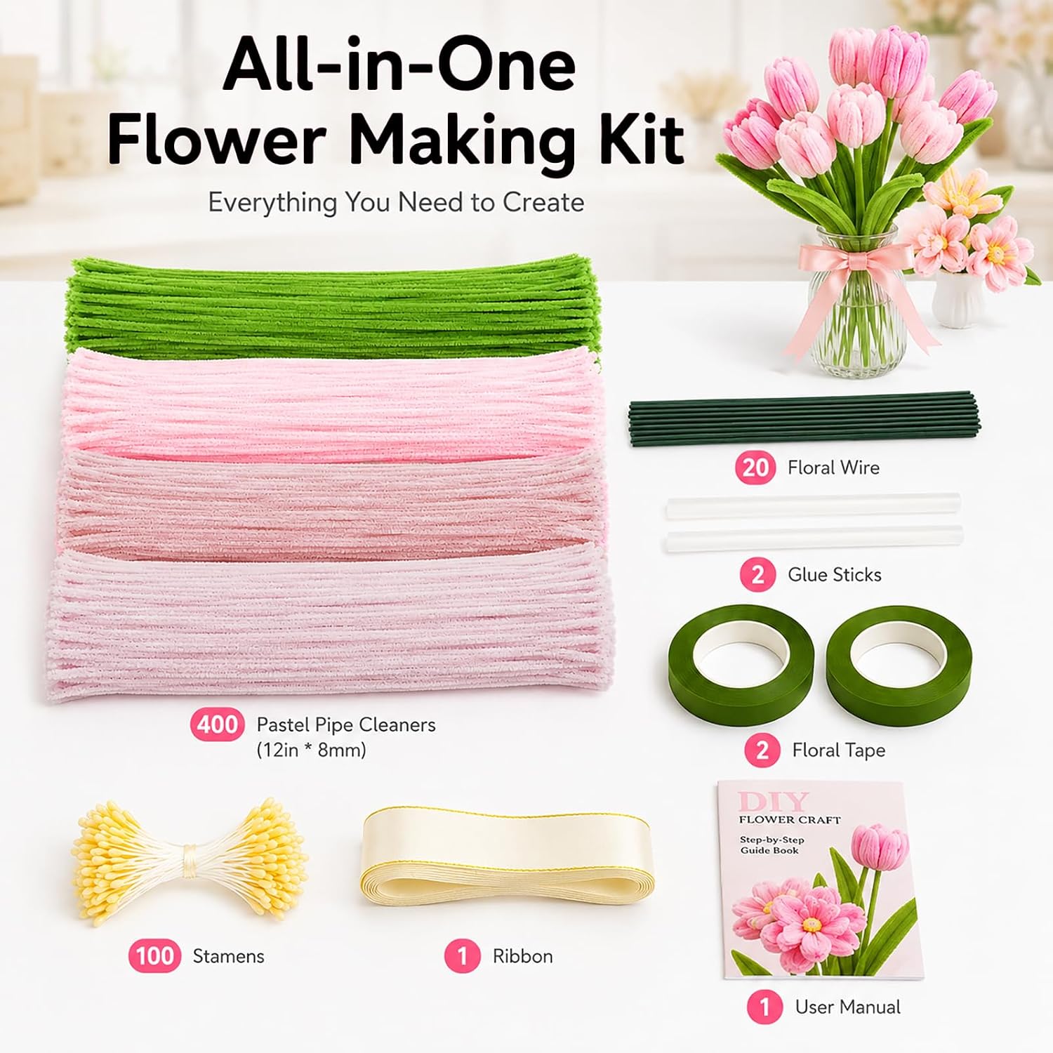 CROURYID Pipe Cleaner Flower Kit with 400 Pcs 8mm Thick Chenille Stems | DIY Flower Bouquet Making Kit for Beginners, Handmade Gifts, Home Decor & Cozy Crafting, Pastel Pink, 4 Colors