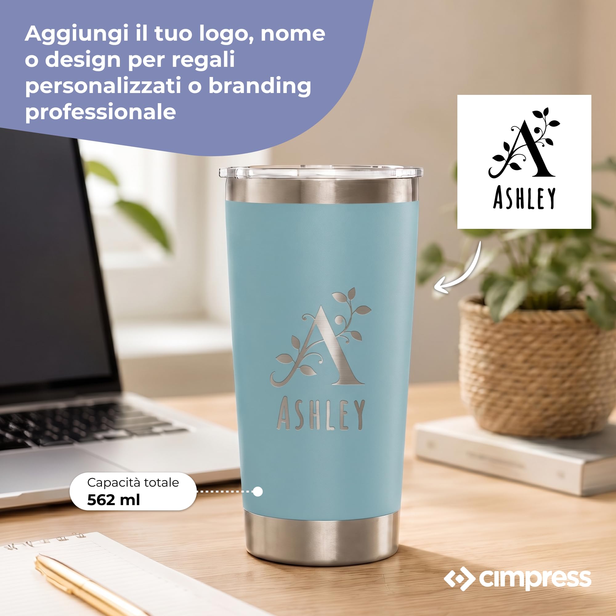 Cimpress Tazza termica personalizzata, 562 ml, doppia parete, Blu ghiaccio | Personalizzabile con foto, logo o testo, senza BPA, bicchiere termico da viaggio per ufficio, aziende ed eventi