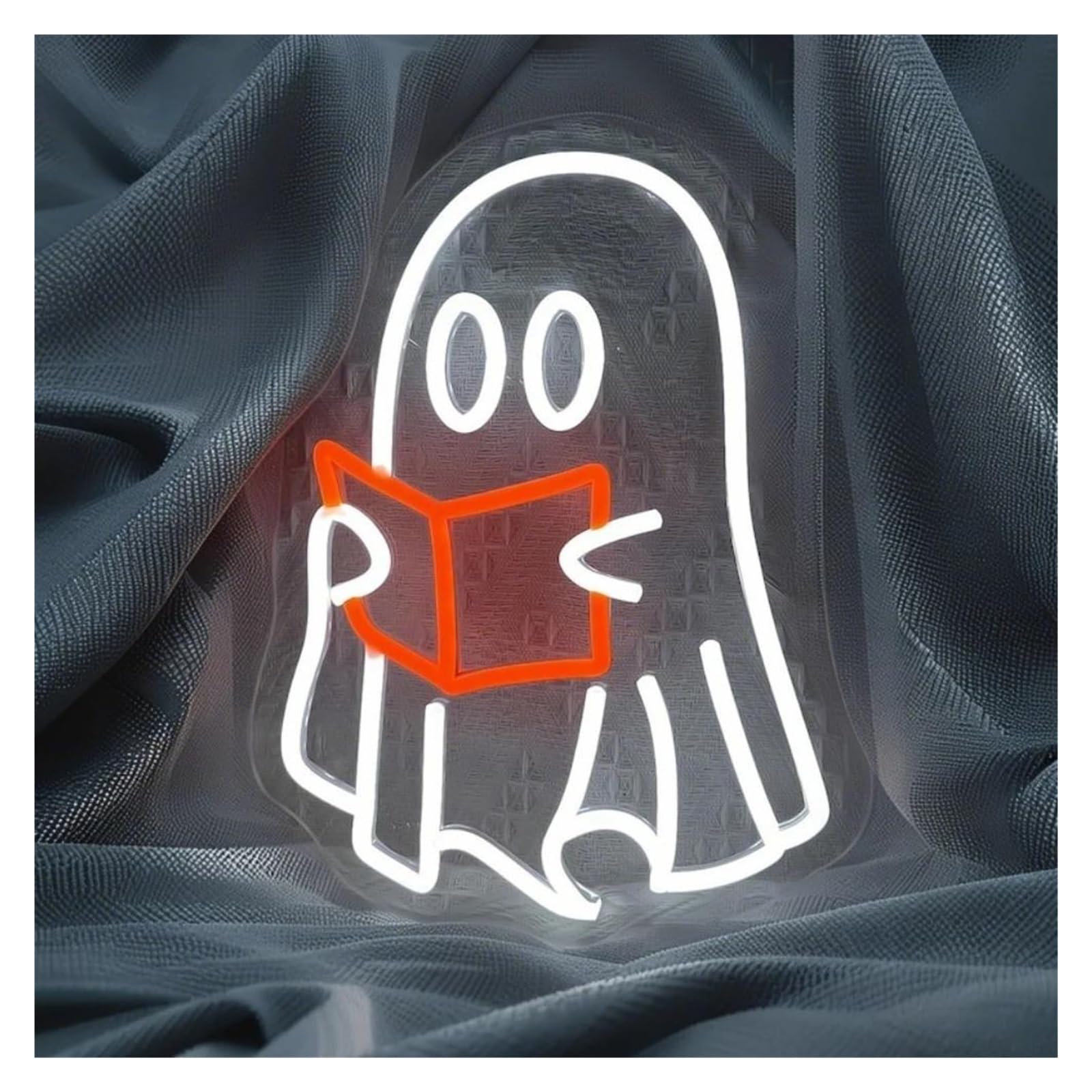 RONGCH Hanging Art Signs Ghost Reading Neon Sign Funny Spooky Ghosts LED Light Dimmable USB Powered for Library Party Book Lover Wall Decor 34.5cmx25.5cm(White Orange)