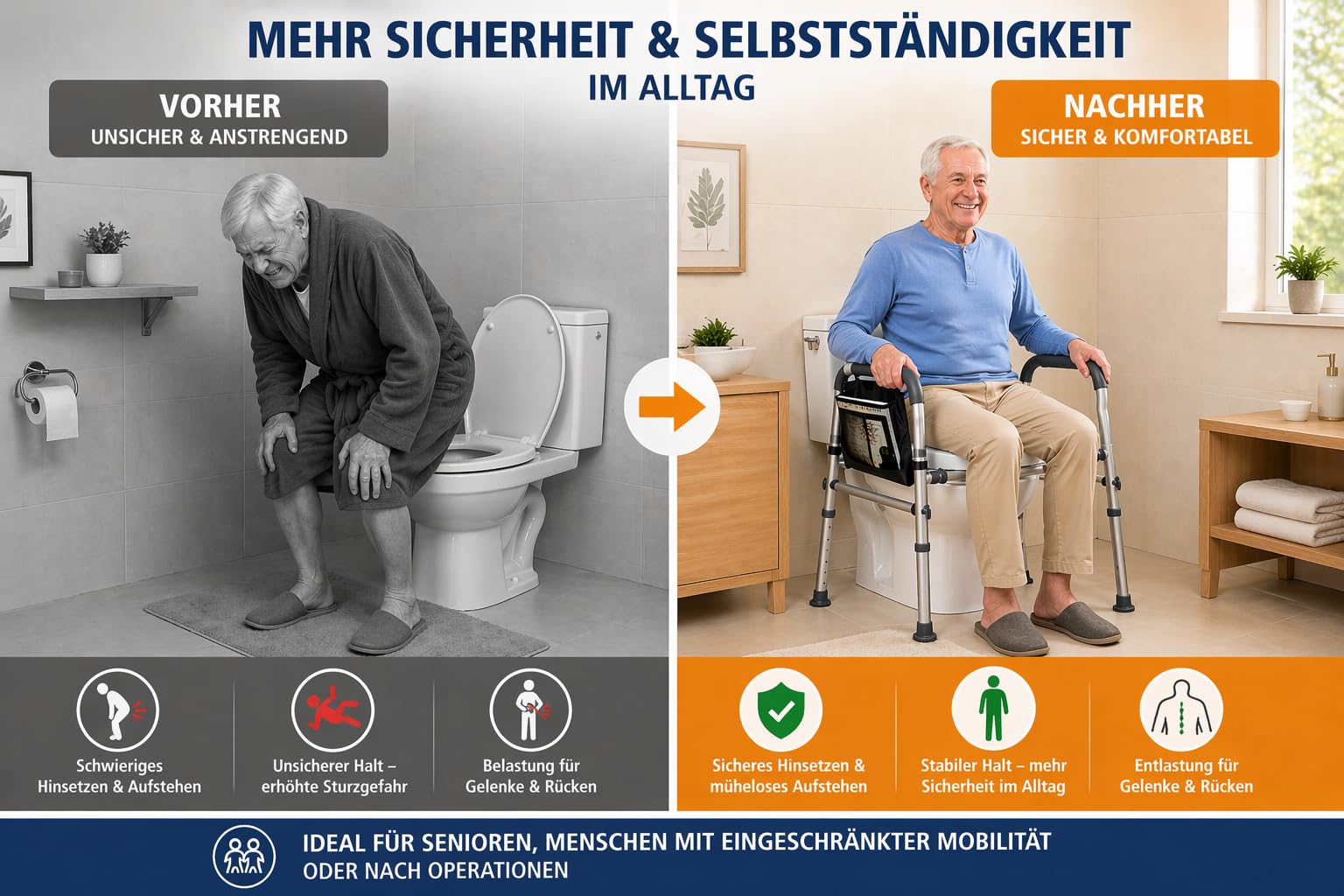 Toilettensitzerhöhung mit Griffen WC-Sitzerhöhung mit Aufstehhilfe 8-fach höhenverstellbar breitenverstellbarer erhöhter Toilettensitz stabiler Toilettenerhöhung, mit deutscher Anleitung