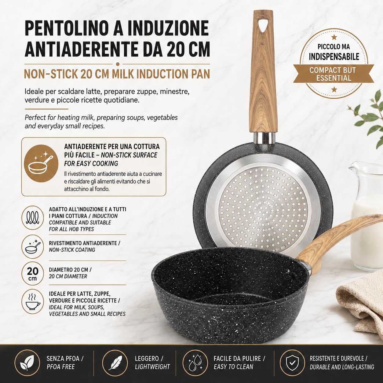 IPEA Pentolino Induzione Antiaderente per Latte e Minestre - 20 CM - SOLIDO E VERSATILE - Pentolino per Cucinare e Bollire Verdure, Noodles, Verdure, Noodles - Ergonomico - Bollilatte da Cucina