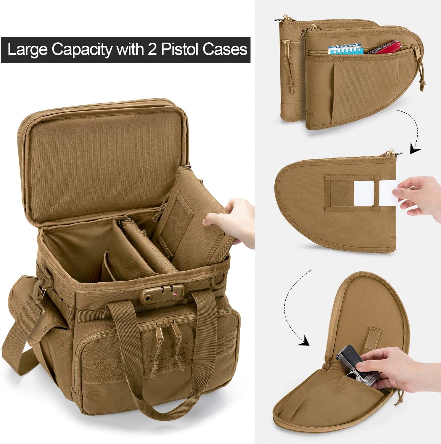 Tactical Gun Range Bag with 3 Pistols Capacity and TSA Lock, Gun Duffle Bag with 2 Small Pistol Cases and 12x Magazine Slots, Multi-Pockets for Hunting and Shooting Range Gear, Khaki - Image 2