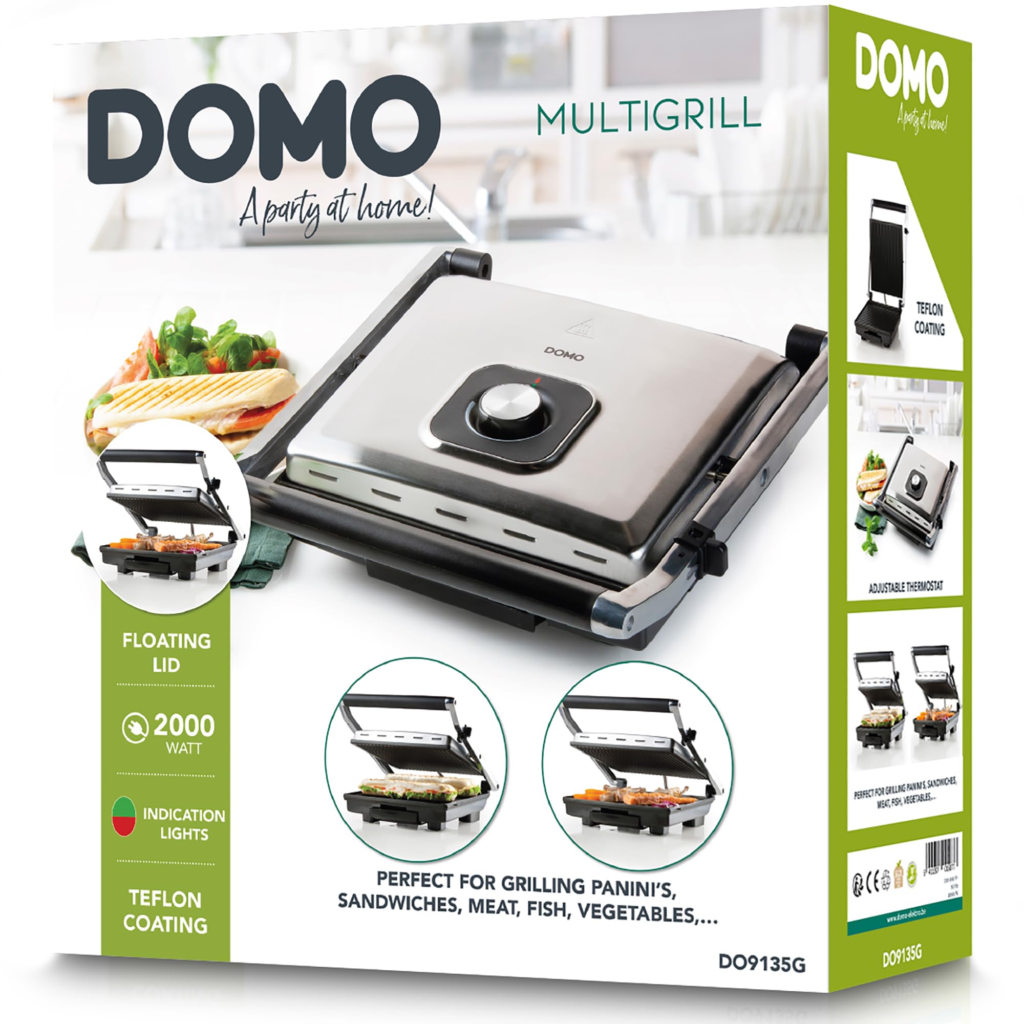 DOMO Kontaktgrill – 2000 W, Panini Grill, Thermostat, Edelstahl