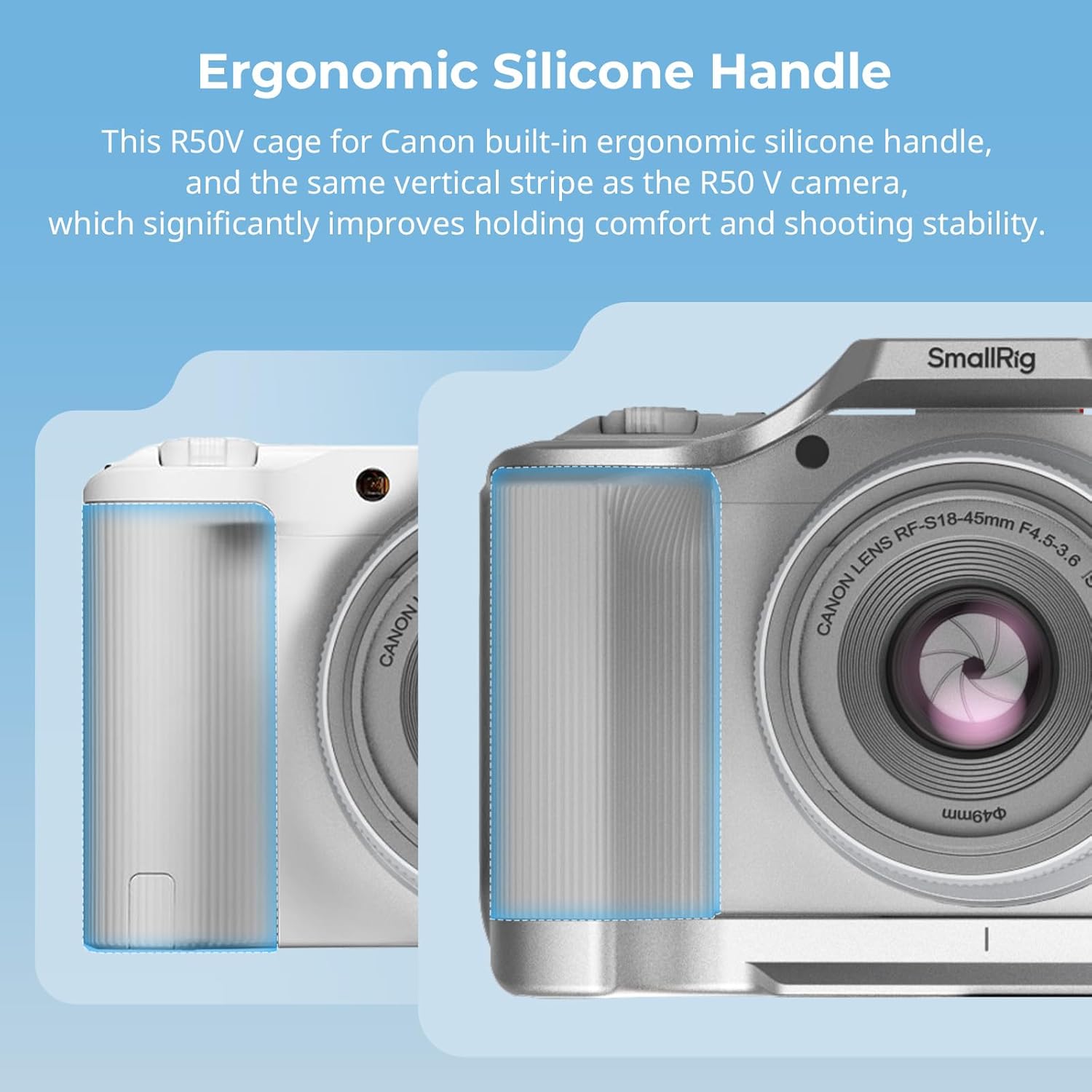 SmallRig R50 V Camera Cage for Canon R50V, Built-in Ergonomic Silicone Grip, QR Plate for Arca, 1/4"-20 Threaded Hole, 3/8"-16 Holes for ARRI, Cold Shoe, QD Sockets, Vertical Shooting(Silver)-5428