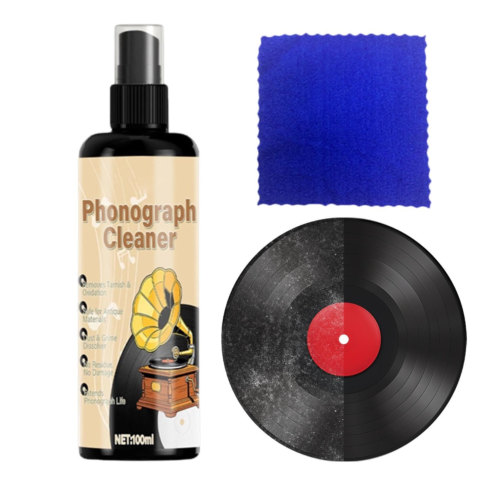 Spray Nettoyant pour Disques, Brume De Nettoyage pour Album De 100 ML, Liquide Nettoyant Vinyles avec Formule Douce, Solution d'entretien des Disques, Kit d'entretien Audio avec Chiffon D