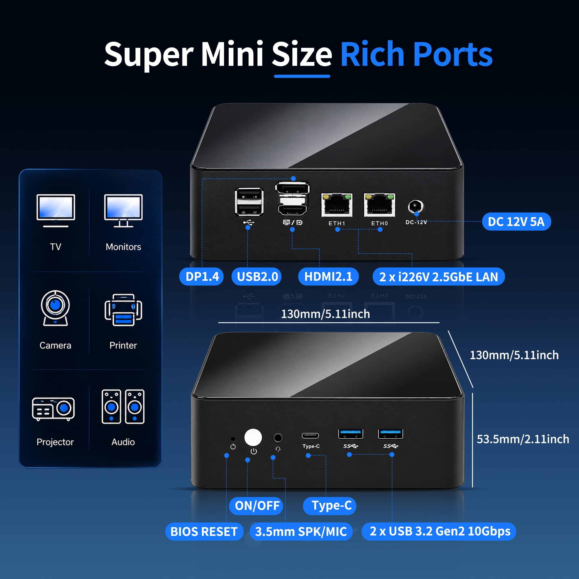 Mini PC Twin Lake N350 Processor (8 Cores 8 Threads, fino a 3,9 GHz), 1 x DDR5 Barebone No RAM No SSD, 2 x i226V 2,5GbE LAN Micro Desktop Computer for Home Office, 4K UHD Triple Display