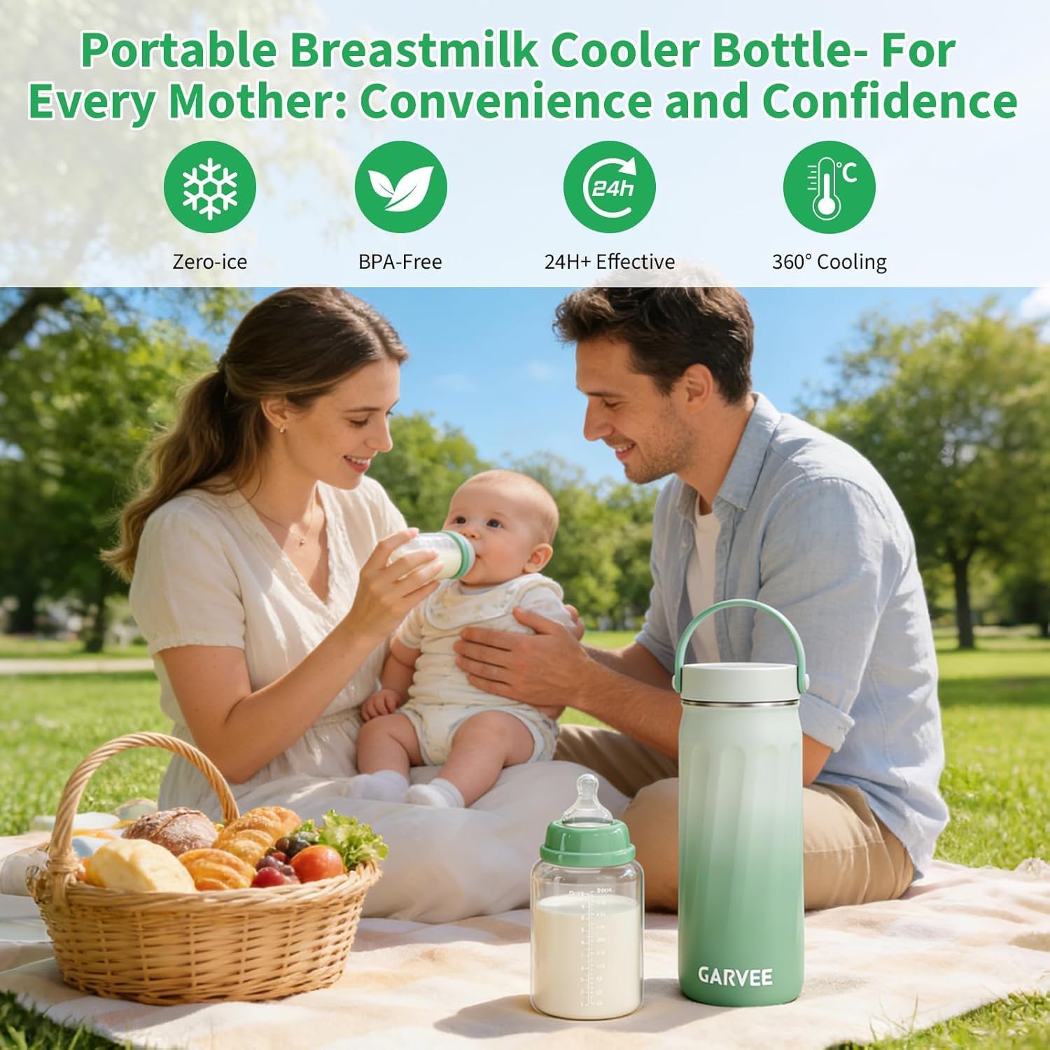 Muttermilch Kühlbox Tragbar 2 Flaschen 300ml 24h Kühlen Warmhalten Grün | 360 Grad Isolierung Stillzubehör für Unterwegs Reise und Auto für Baby Flaschen
