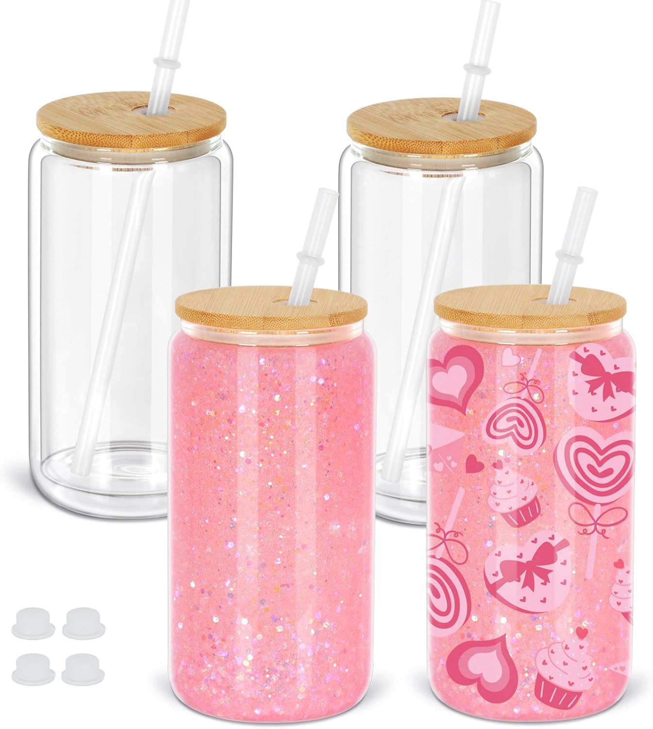 Maucircol 16 Oz Snow Globe Tumbler, 4 Pack Pre-Drilled Sublimation Glass Cup For Glitter Snow Globe Diy, Double Wall Sublimation Glass Tumbler