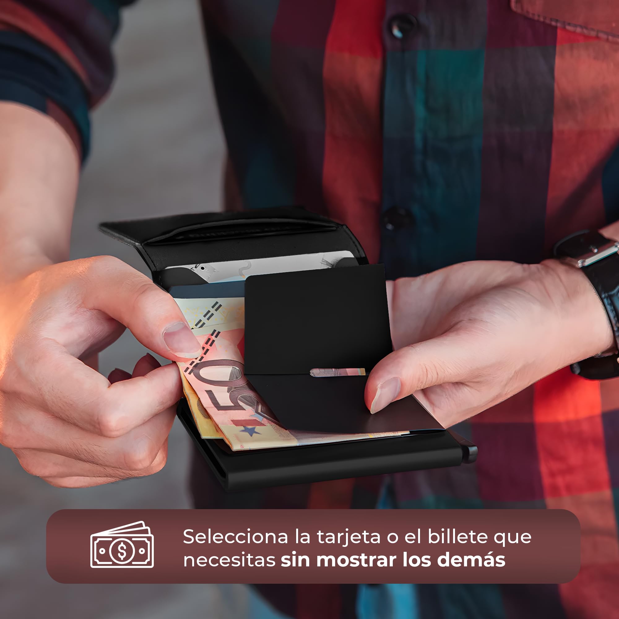 Cartera Hombre Pequeña con Tarjetero Automático Interior Aluminio Protección RFID Capacidad 6 Tarjetas Billetes Documentación Cuero Diseño Compacto Antirrobo