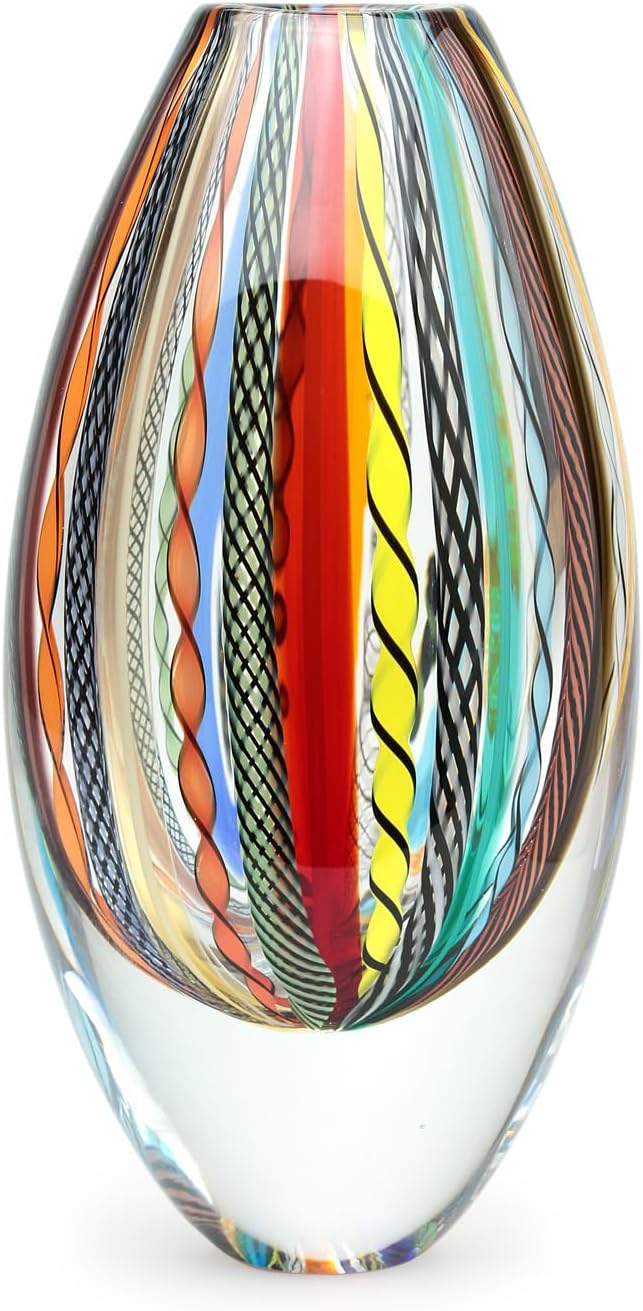 Ca D Oro Glass Vase Boho with Colored Canes Hand Blown Murano-Style Art Glass for Flower and Decor - Model 72 MS