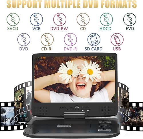 Miniatura 2 de Reproductor de DVD portátil de 12 pulgadas con batería recargable de 5 horas, pantalla giratoria HD de 10.1 pulgadas, compatible con CD/DVD/SD