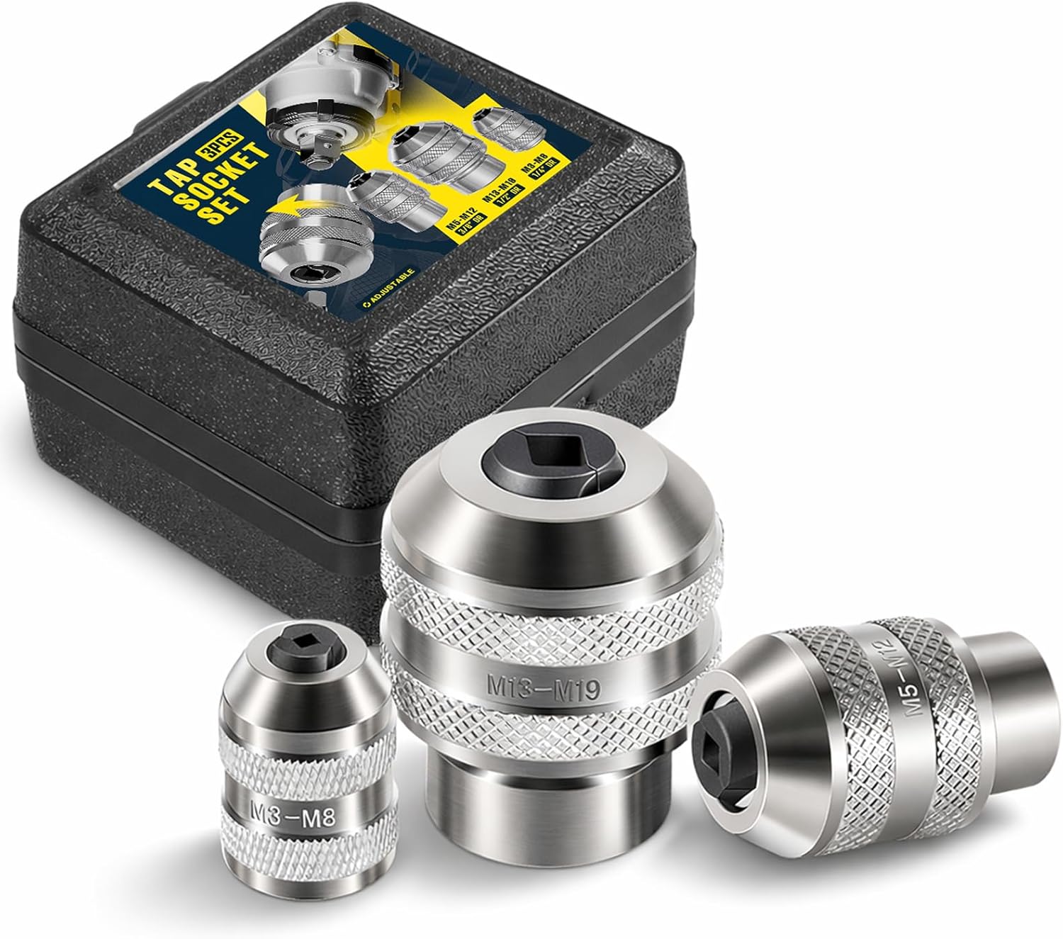 Tap Socket Set for Ratchet, 3-Piece Low-Profile Tap Holder Set, Fits M3–M19 Square Shank Taps, Reamers & Extractors, for 1/4", 3/8", 1/2" Drive