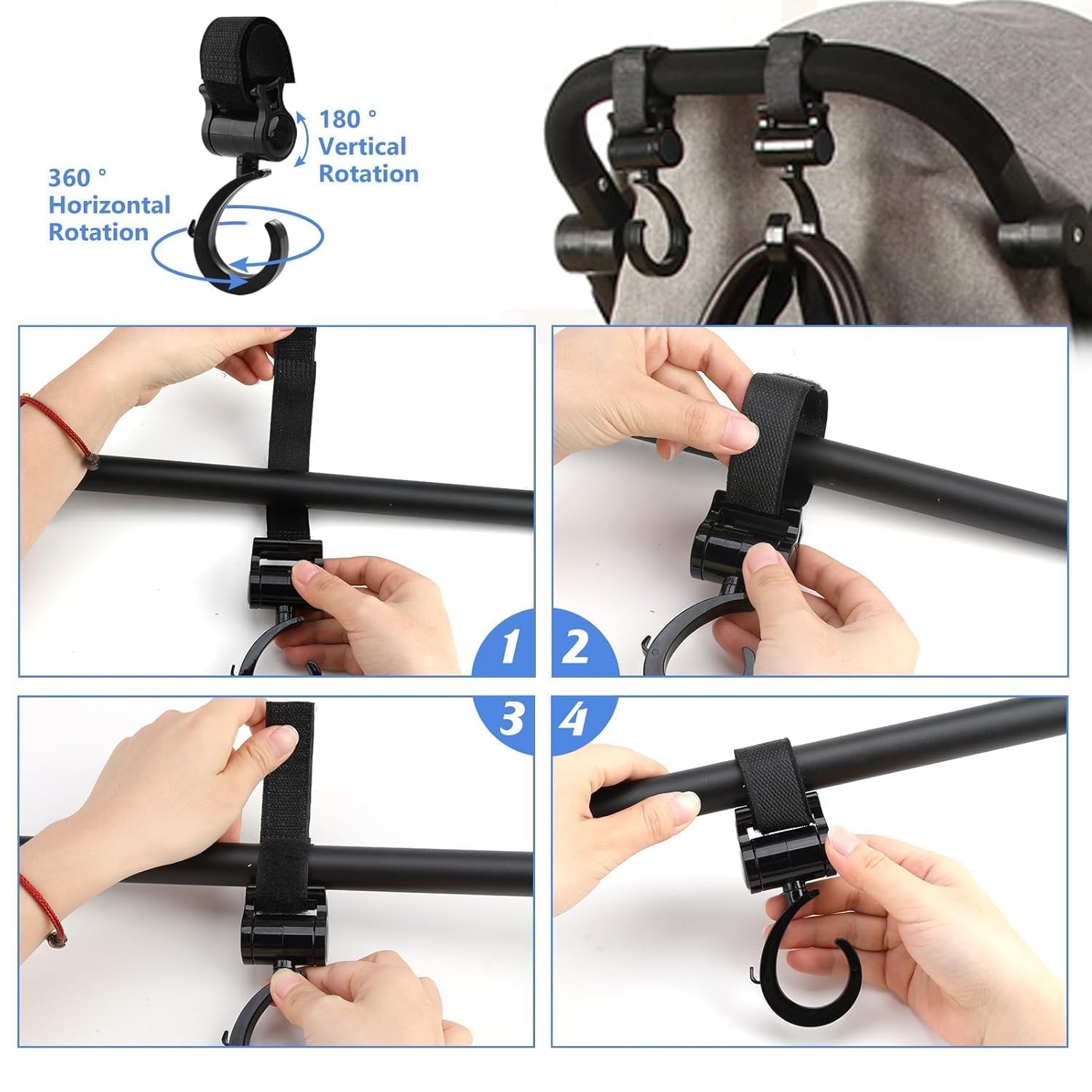 Ganci Passeggino Universali, 4 Pezzi Ganci per Passeggino Rotanti Nero, Ganci per passeggino porta borse,Adatti per Passeggini, Carrelli e Trolley, Facili da Installare e Resistenti