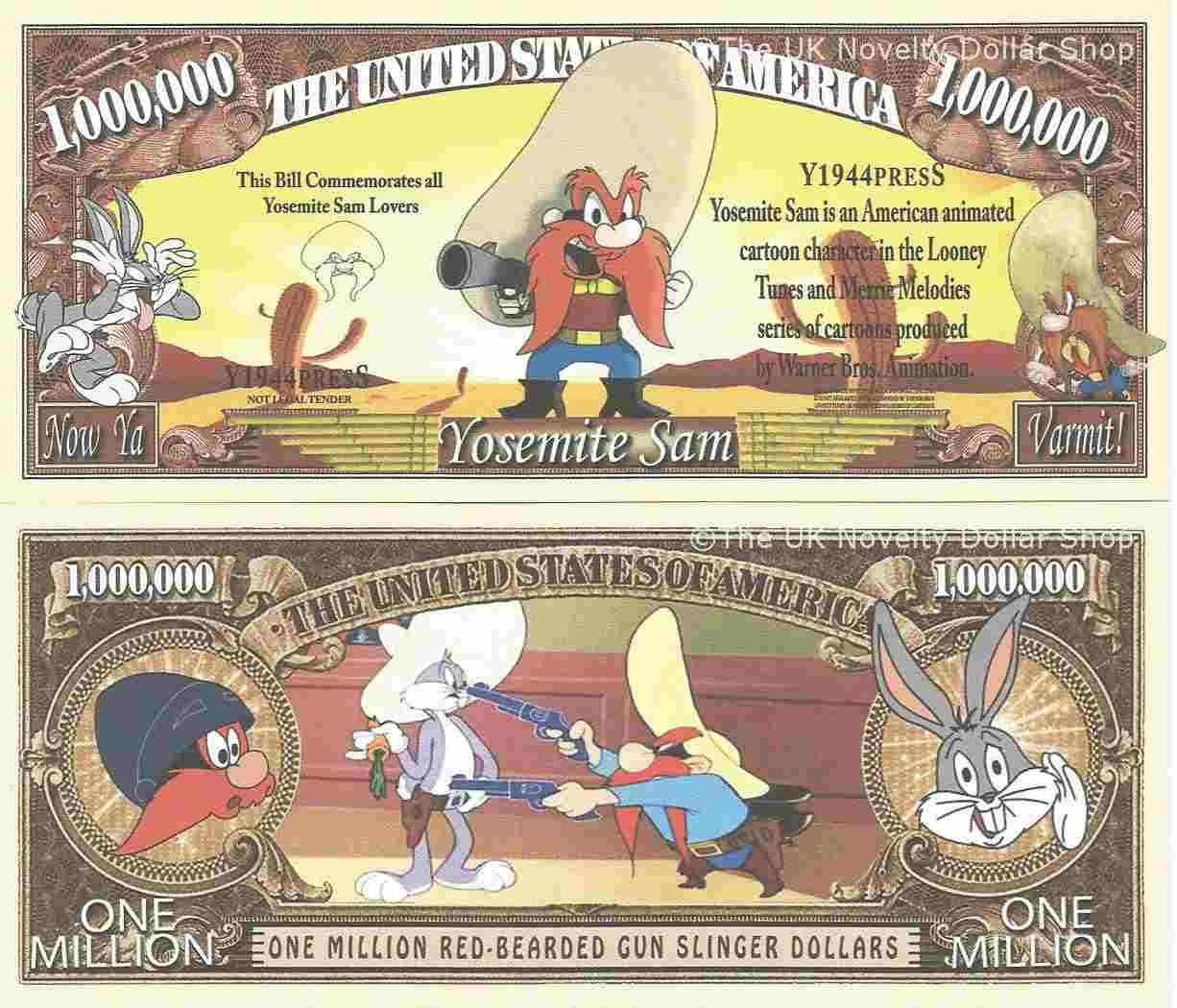 Yosemite Sam Animated Cartoon Character Million Dollar Bills x 2 Bugs Bunny