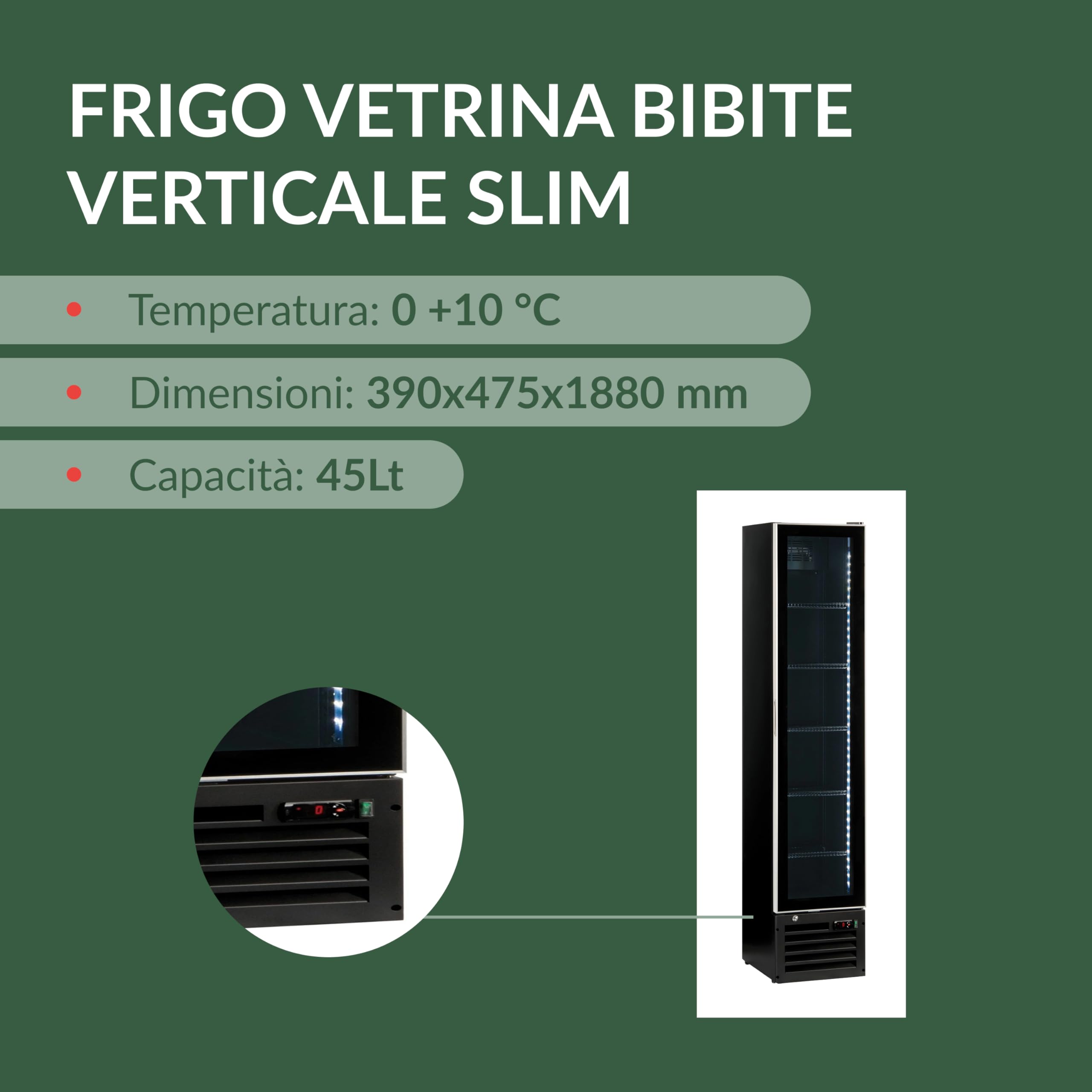 Ristoattrezzature Frigo Vetrina Bibite Verticale SLIM 160 lt - 1 Anta - Nera - +0/+10 °C - 39x47,5x188h cm