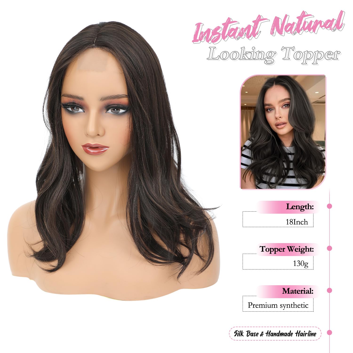 PANEWAY Hair Toppers for Women Synthetic Clip-in Loose Wavy Topper for Thinning Hair Natural Part & Scalp Coverage, Easy to Wear - Dark Brown, 18inch