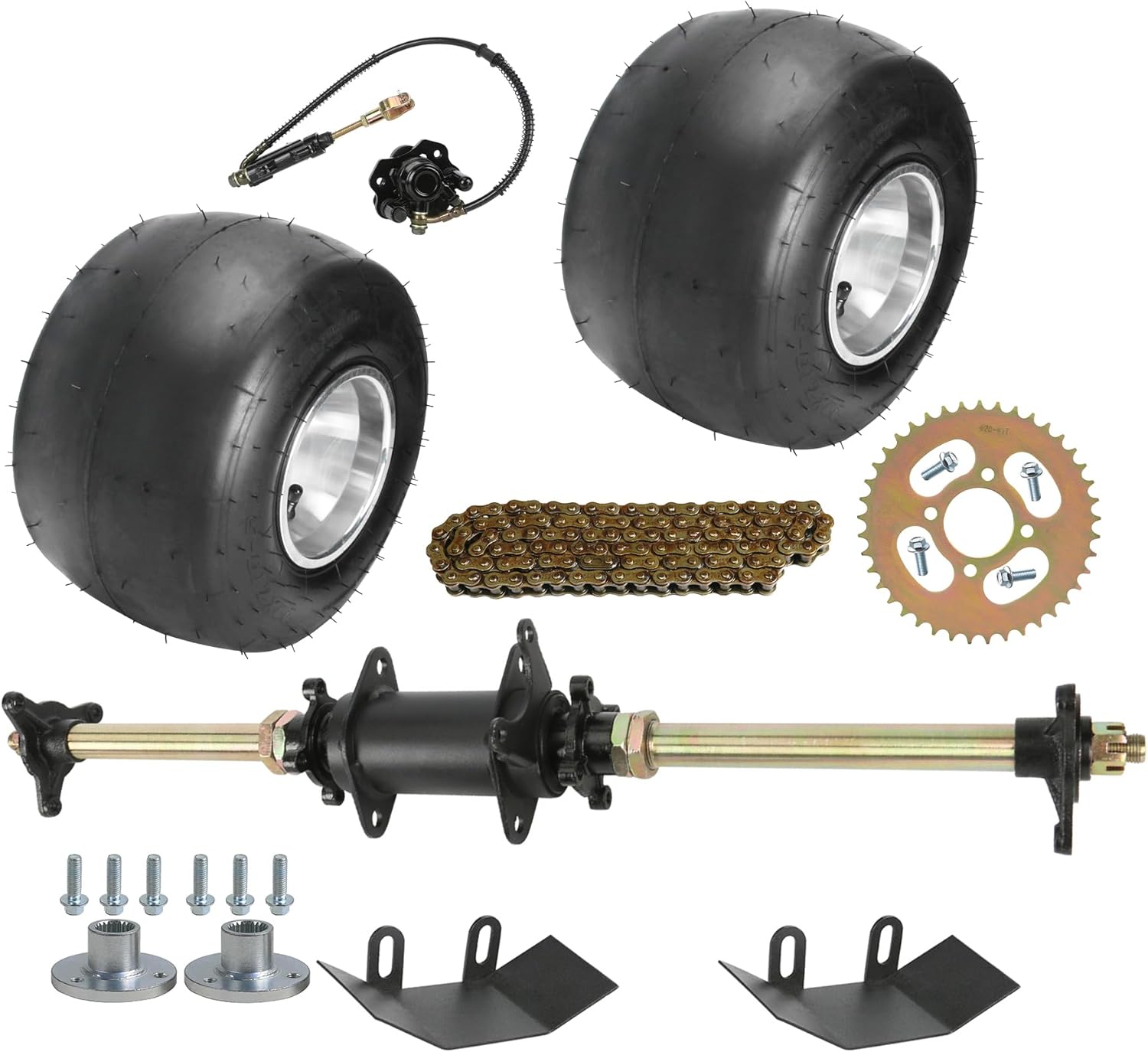 11x7.10-5 5'' Go Kart Wheels Tires 4-ply Slick Tire Smooth Tread 3 Stud Rim & 710mm 28'' Rear Axle Complete Kit Foot Brake 428 Chain Sprocket for 110cc 125cc 150cc ATV Go Kart Buggy Quad