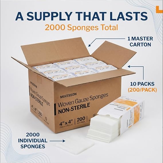 McKesson Non-Sterile Woven Gauze Pads 4x4 Inch [2000 Count] - 12-Ply 100% Cotton Breathable Woven Gauze Sponges for Wound Care & First Aid Medical Supplies