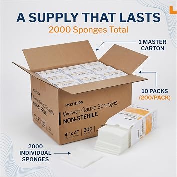 McKesson Non-Sterile Woven Gauze Pads 4x4 Inch [2000 Count] - 12-Ply 100% Cotton Breathable Woven Gauze Sponges for Wound Care & First Aid Medical Supplies