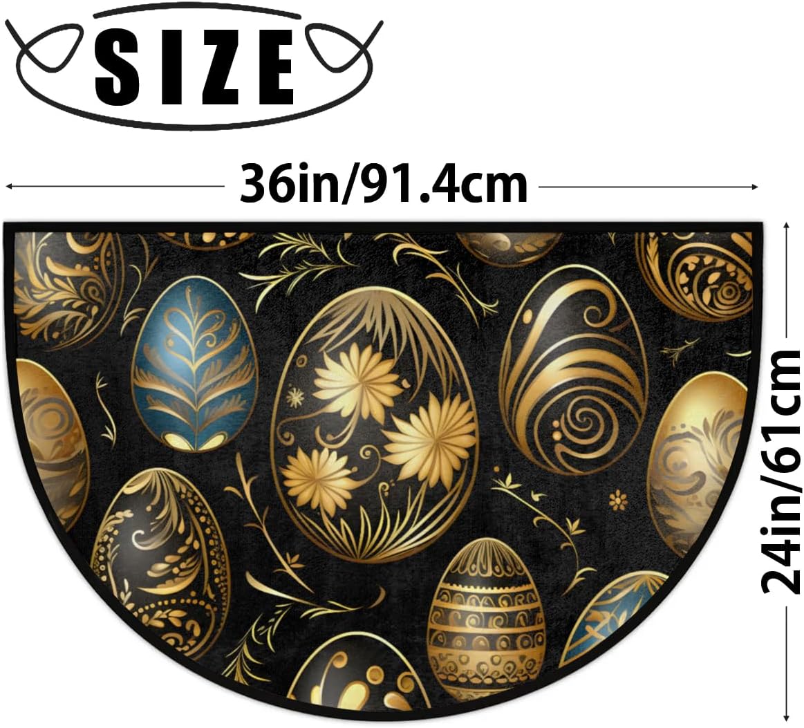 Half Round Door Mat Flower Floral Black Easter Egg Non-Slip Semi Circle Area Rug Washable Half Moon Hearth Rugs for Indoor Outdoor Bathroom Kitchen Patio Runner Mat Laundry Room Home Decoration