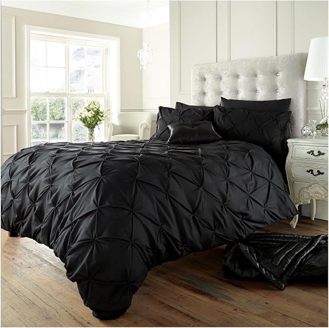 GC GAVENO CAVAILIA Pintuck Duvet Cover King Size Pinch Pleated Bedding Sets Polycotton Quilt Set Soft Cosy Bed Covers, Black