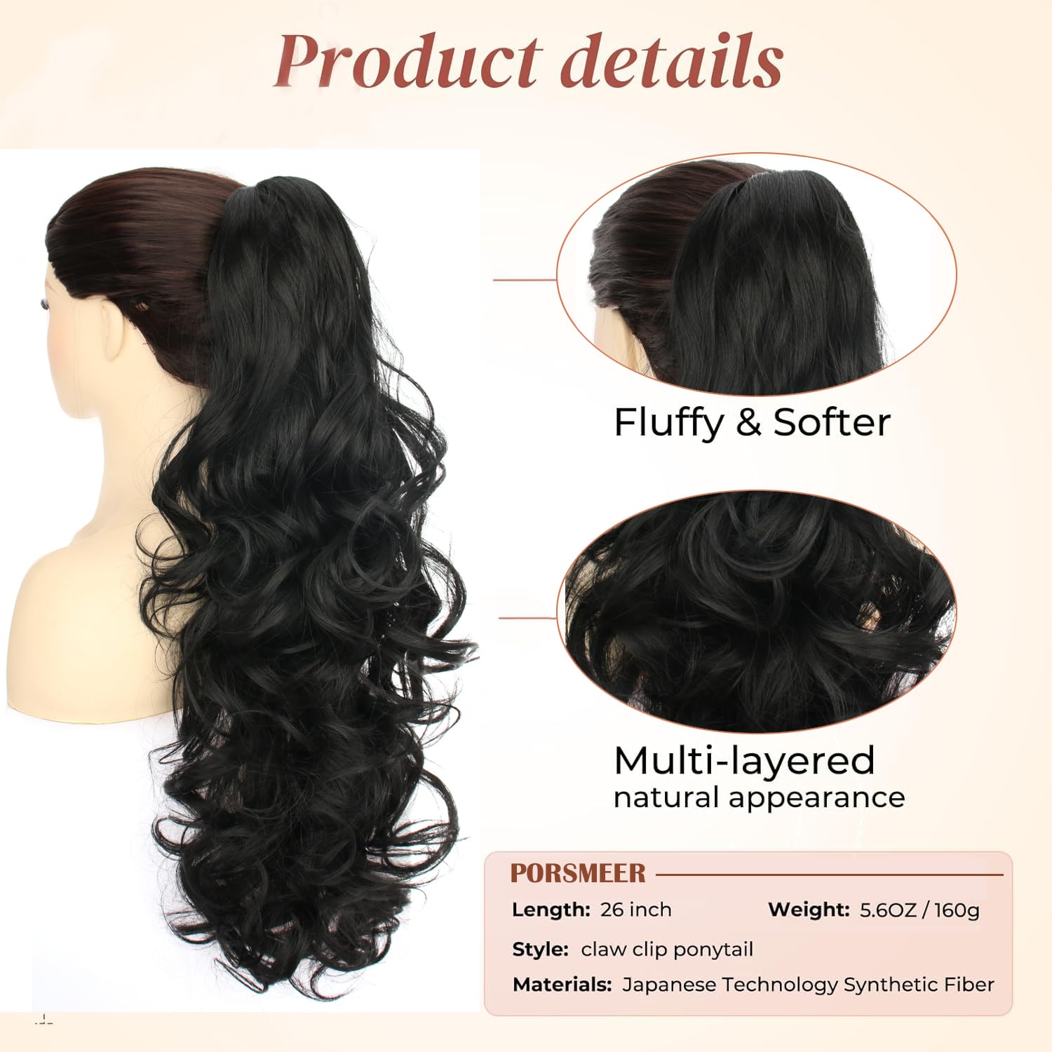 PORSMEER Ponytail Hair Extension Claw Clip in Ponytail Extensions Long Curly Wavy Ponytail Hair Extension Jaw Clip on Pony Tails Hairpiece for Women 26 inches (Black) - Image 4