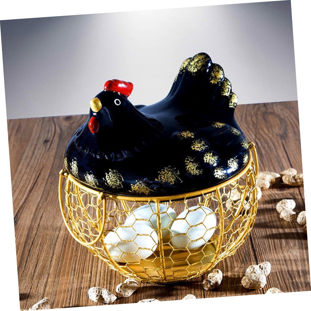 Iron Art Egg Basket with Chicken Cover Black and Gold Metal Egg Storage Container for Countertop Organization and Fruit Storage