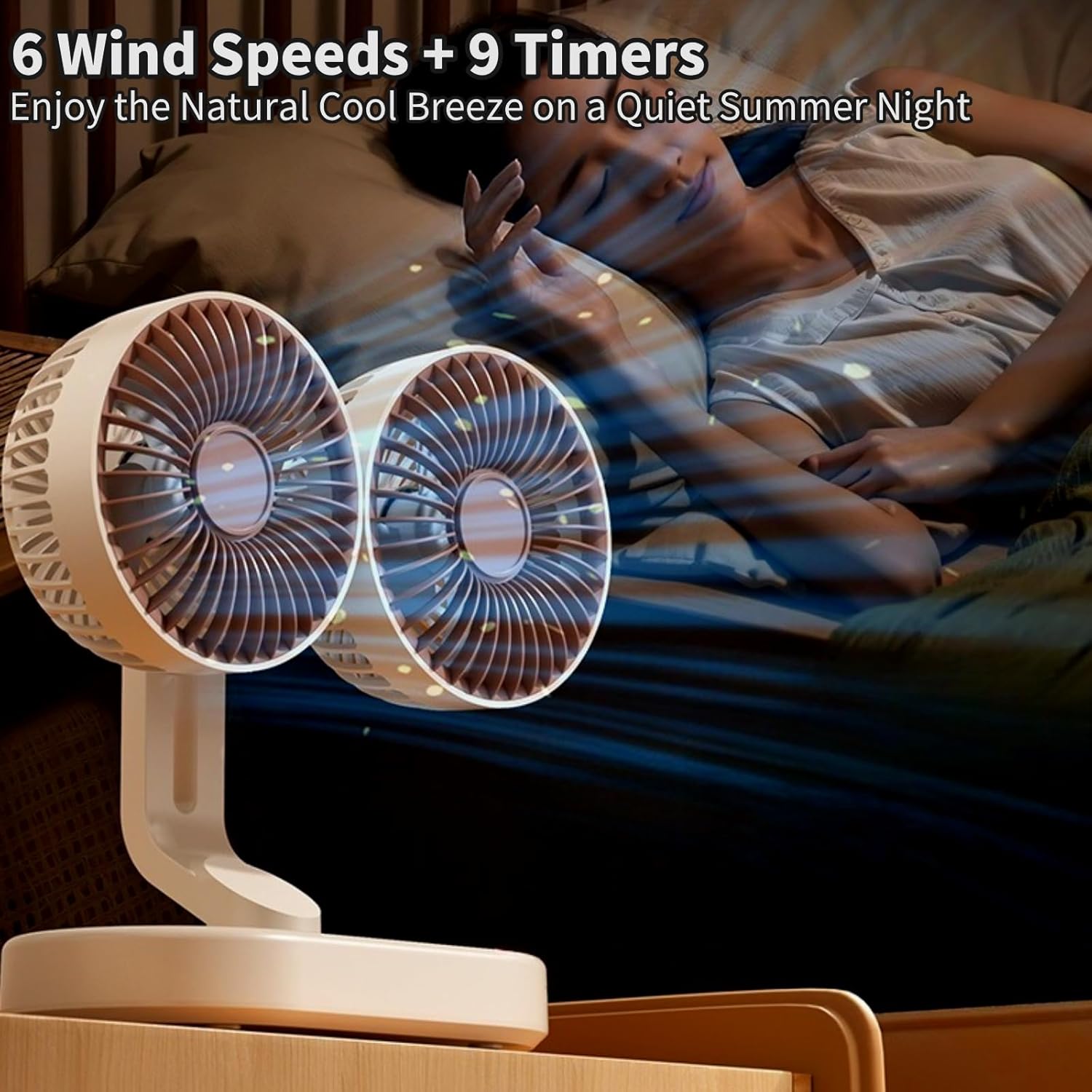 Double Head Oscillating Desk Fan, Quiet Table Fan USB Rechargeable with 6-Speed & 9-Hour Timer, 360° Rotation Wall Mountable for Table, Bedroom, Office, Outdoor (Beige)