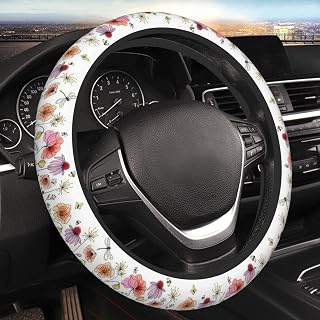 Colorful Wildflowers Steering Wheel Cover with Butterflies Bees Ladybugs Floral Border Universal 15In Steering Wheel Cover Elastic Anti-Slip Sweat Absorbing Steering Wheel Cover for SUV Sedans,Cars