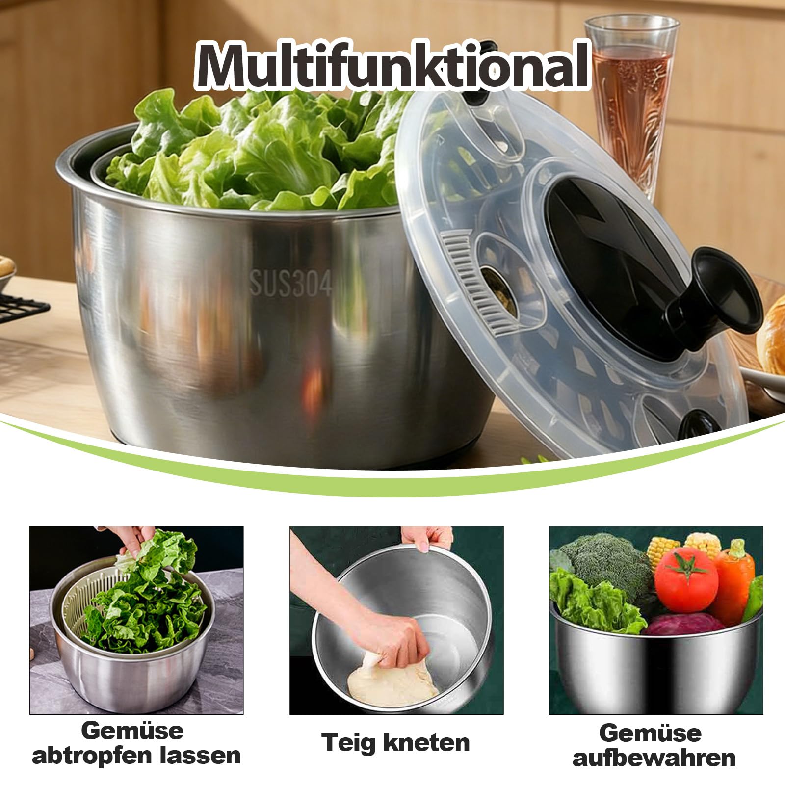 5L Salatschleuder, Salatschleuder Edelstahl, Salatschleuder Mit Deckel, Lebensmittelecht Edelstahl, Rutschfester Sockel, Effizient zur Salatzubereitung & Lebensmittelreinigung (Edelstahl 304)