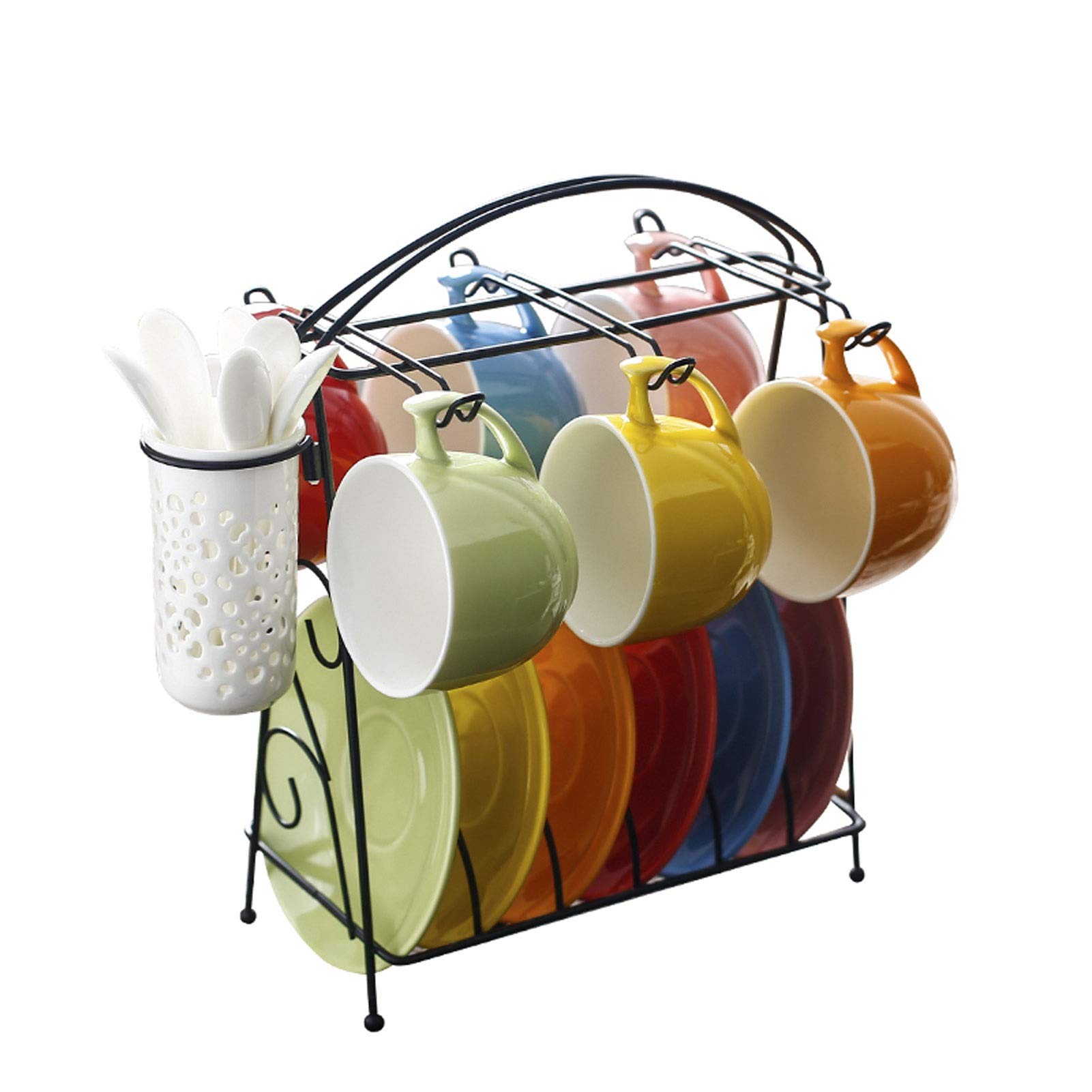 HASMI Kaffeetasse Regenbogen-Farbe Keramik-Kaffee-Tee-Geschenk-Set hell farbige Latte-Tasse, Teetasse, Untertasse und Teelöffel (Aufnahme von 6 Personen), mit Stand Teetasse