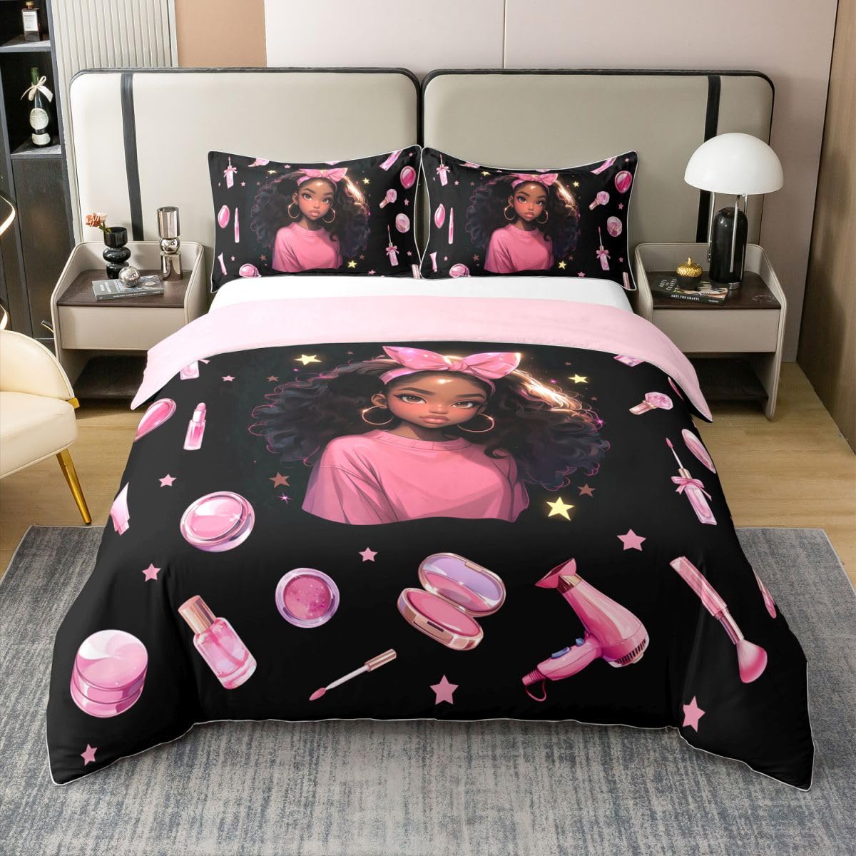 Homewish Schwarzes Mädchen Bettbezug 155x220 Baumwolle Schleife Bettwäsche Sterne Haartrockner Lippenstift Muster Bedding Puder Kompakt Nagellack Bettwäsche Set Weich 2 teilig