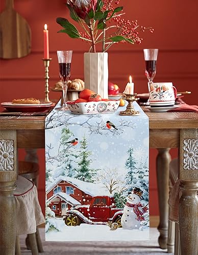 Miniatura 2 de Camino de mesa para decoración de mesa de cocina, muñeco de nieve de Navidad, granja, camión rojo, rama de árbol de Navidad, cardenal, 13 x 70
