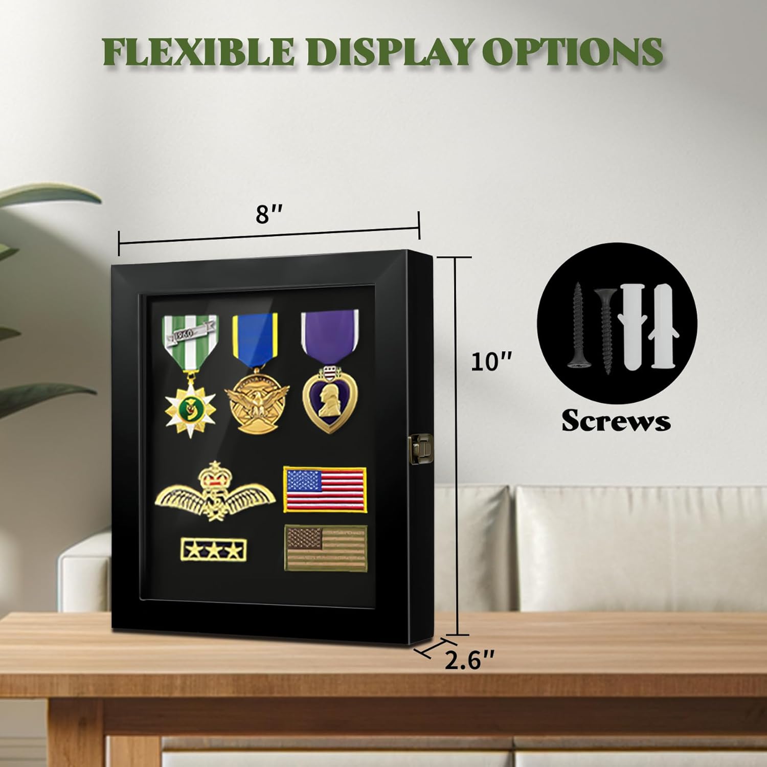 Pin Display Case 8 x 10 Solid Wood Lapel Pin Collection Display with 98% UV Protection HD Tempered Glass Door for Military Medal Badge Velcro Patch Board
