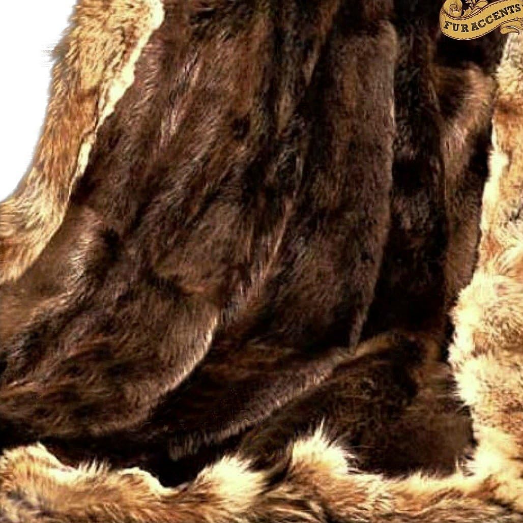 Luxury Fur Throw Blanket - Brown Beaver with Coyote Border - Premium Animal Friendly Faux Fur - Fur Accents - USA (5'x7')