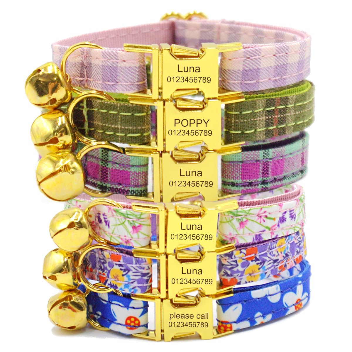 Collar de gato personalizado con etiqueta de nombre y número de teléfono grabado para gatito cachorro (patrón)