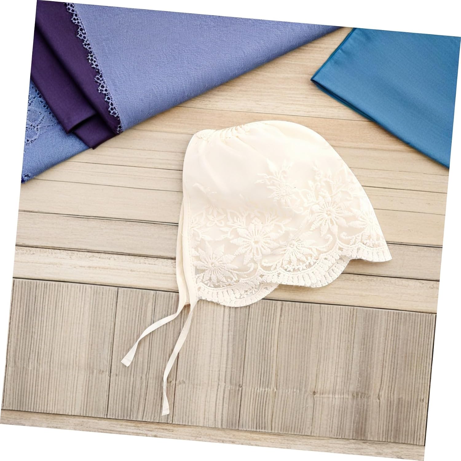 2Pcs Baby Girl Bonnet Lace Baptism Hat for Newborn Beige