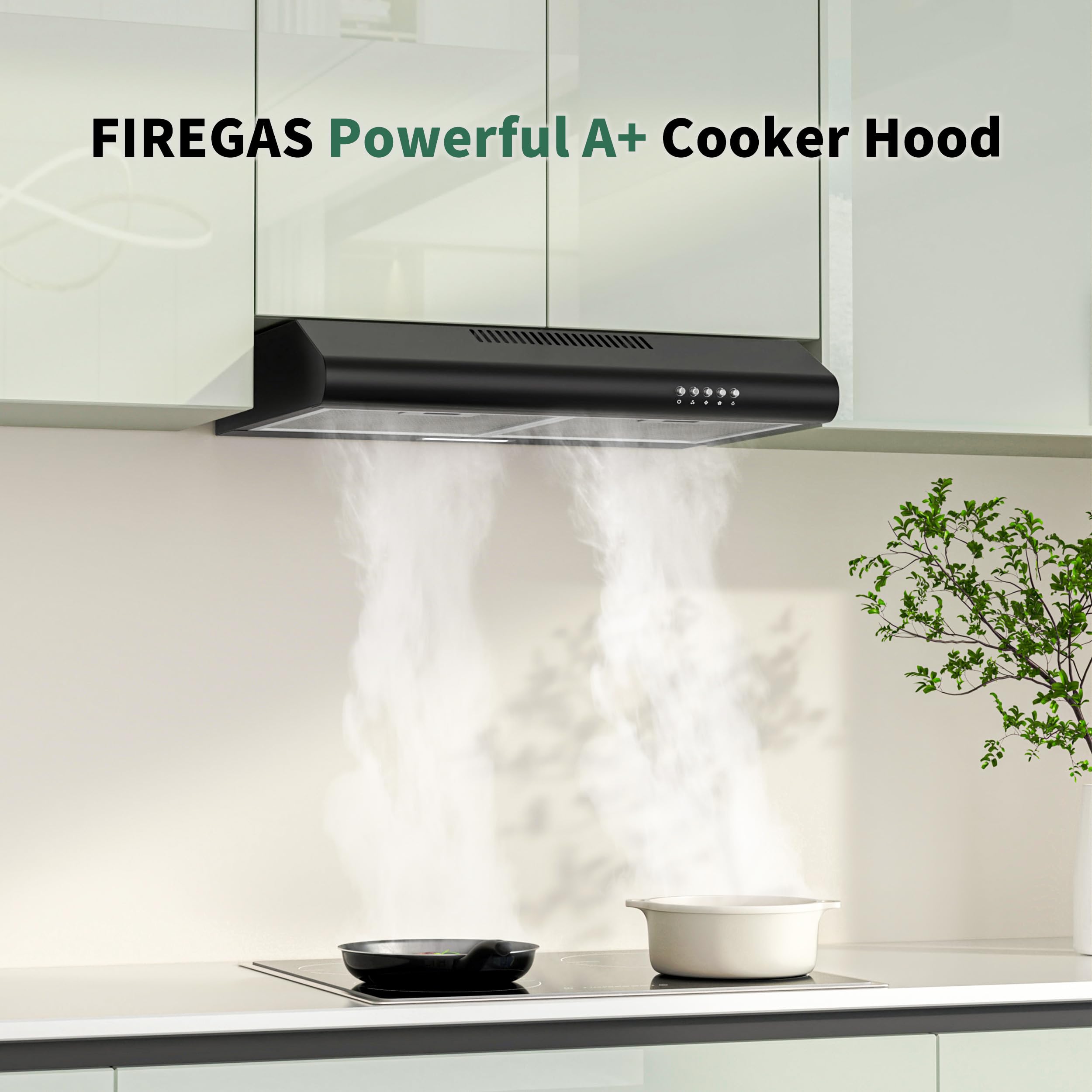 FIREGAS 60cm Black Cooker Hood, 250m³/h Kitchen Extractor with Push Button Control, 3 Speeds, Quiet Brushless Motor, A+ Energy Rating, LED Light, Ducted or Recirculation — view 8