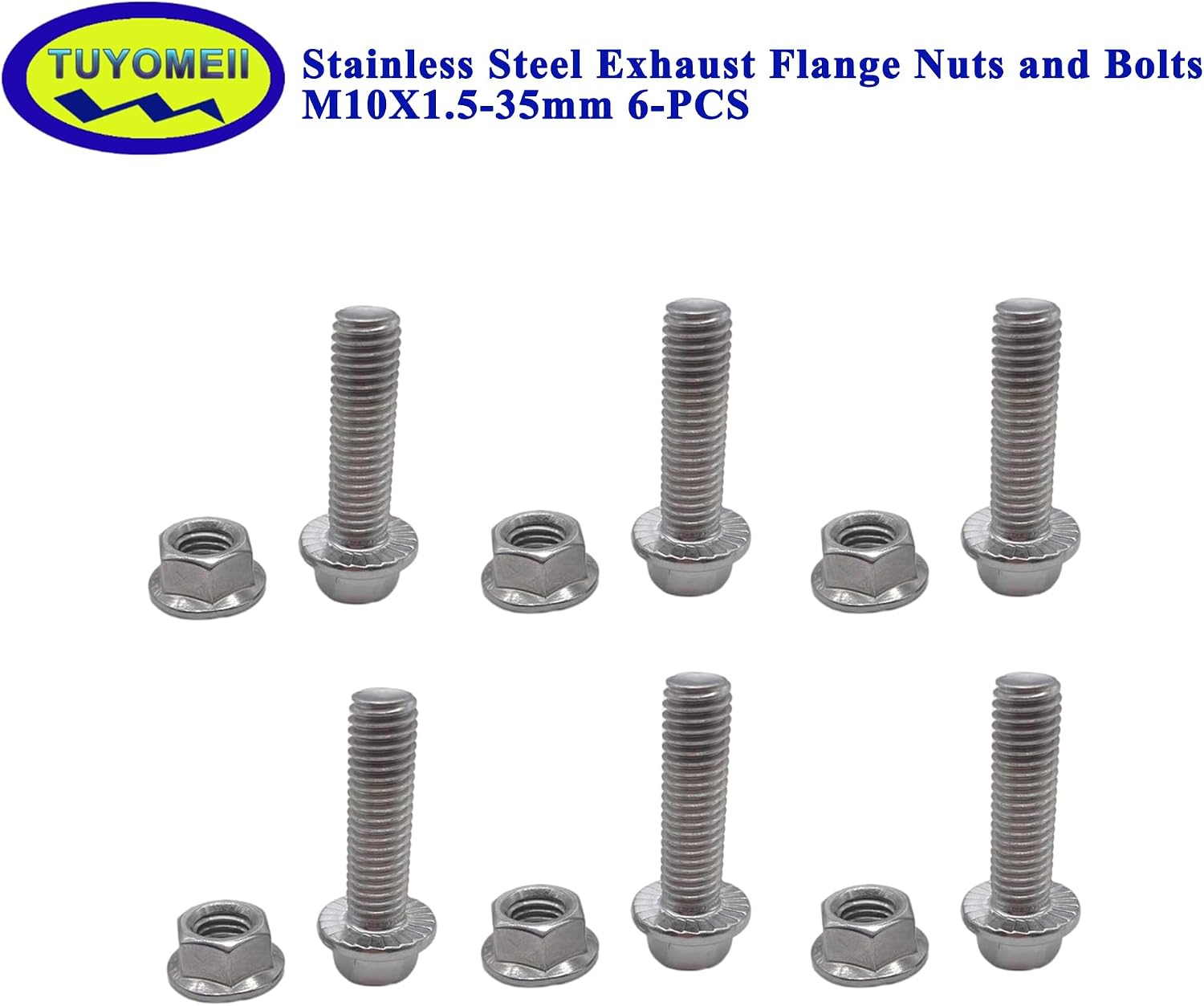 Bolts For Exhaust，Exhaust Flange Bolts，Exhaust Manifold Bolt Kit， Flanged Hex Head Bolts, stainless steel exhaust flange nuts and bolts，M10X1.5-35mm 6-Pack