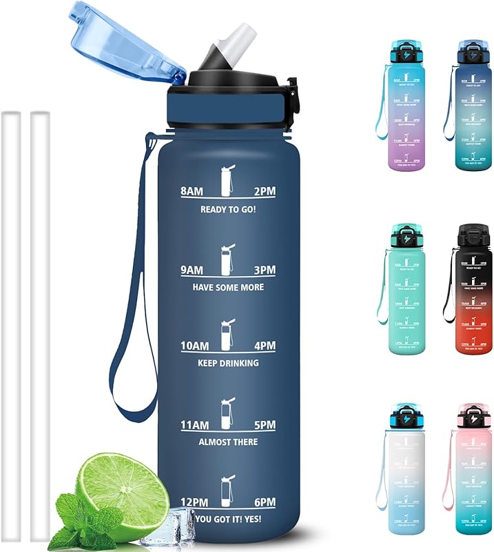 Grsta Gourde 1l, Anti Fuite Gourde Sport avec Paille, Verrou de Sécurité, Gourdes Motivationnelle, Facile à Nettoyer, Bouteille d'eau avec Marqueur de Temps pour Cyclisme, Gym, Yoga