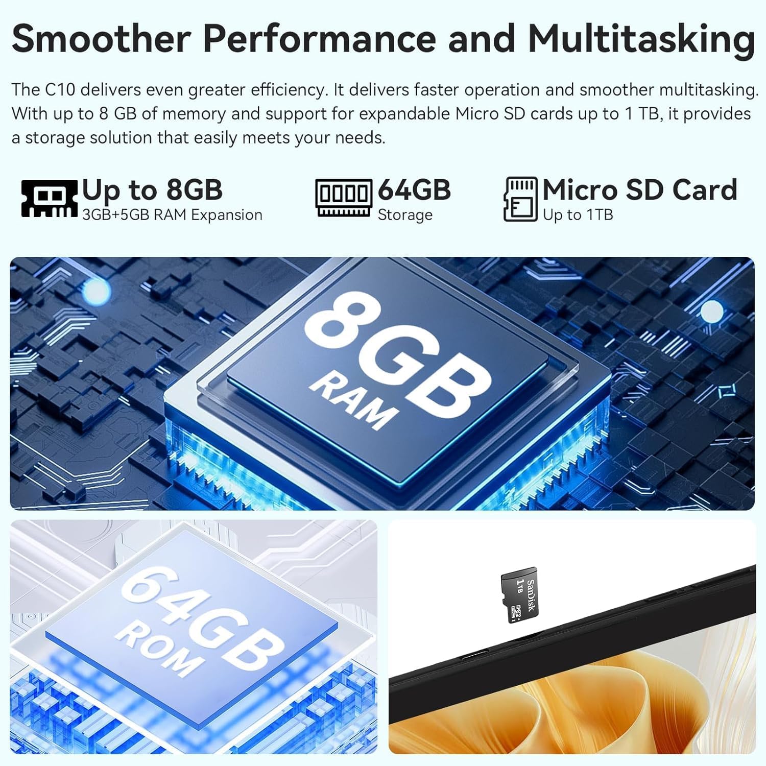 Tablet, Android 14 Tablet 10 inch with HD IPS Touchscreen, 64GB+1TB Expansion, Octa-Core, Face ID, OTG, WiFi 6, Bluetooth5.3, Dual 5MP+8MP Camera, 5000mAh, Widevine L1 (Black) - Image 4