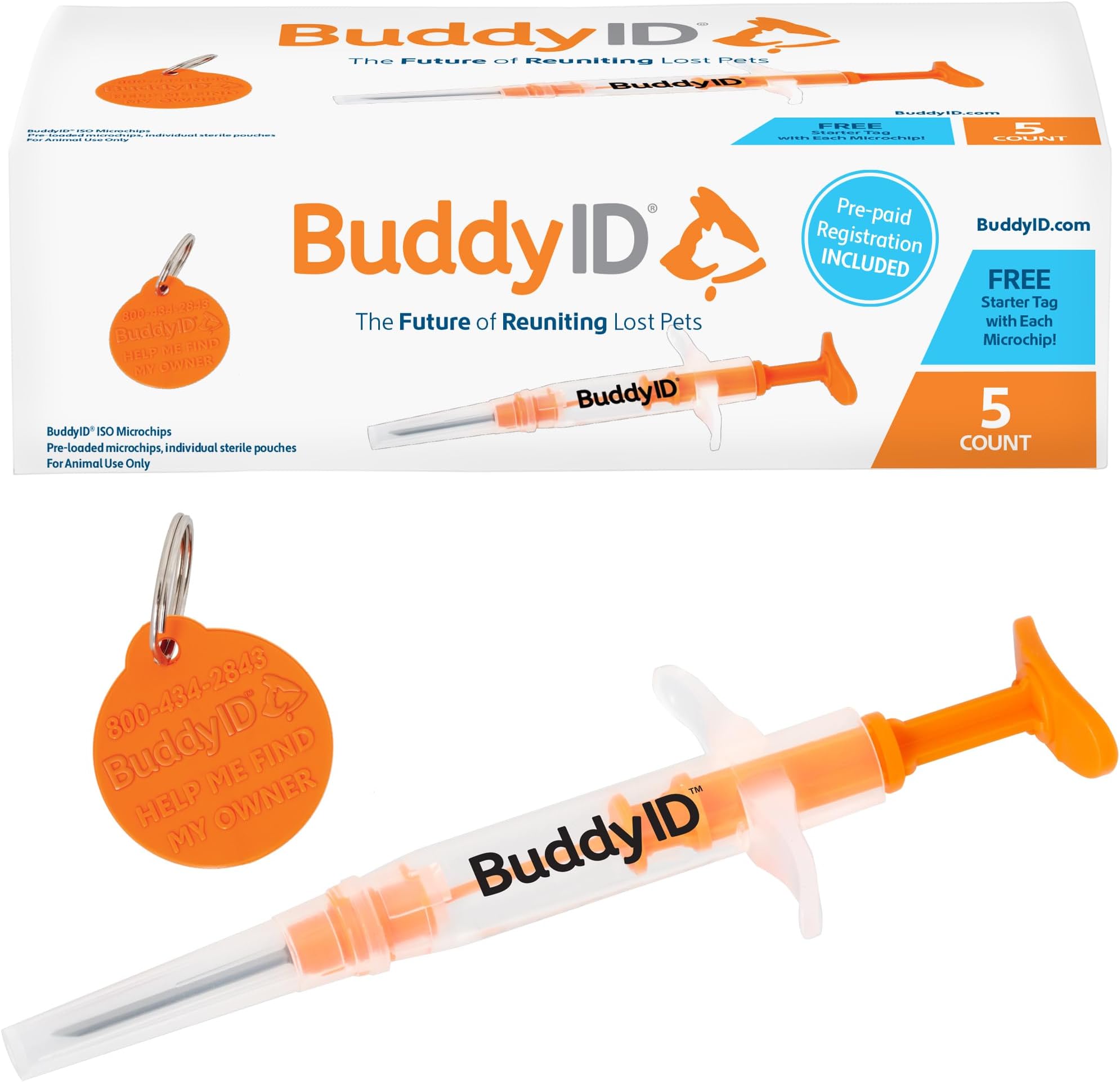 Buddy ID Pet Microchip Plus Lifetime Registration (Pack of 5)