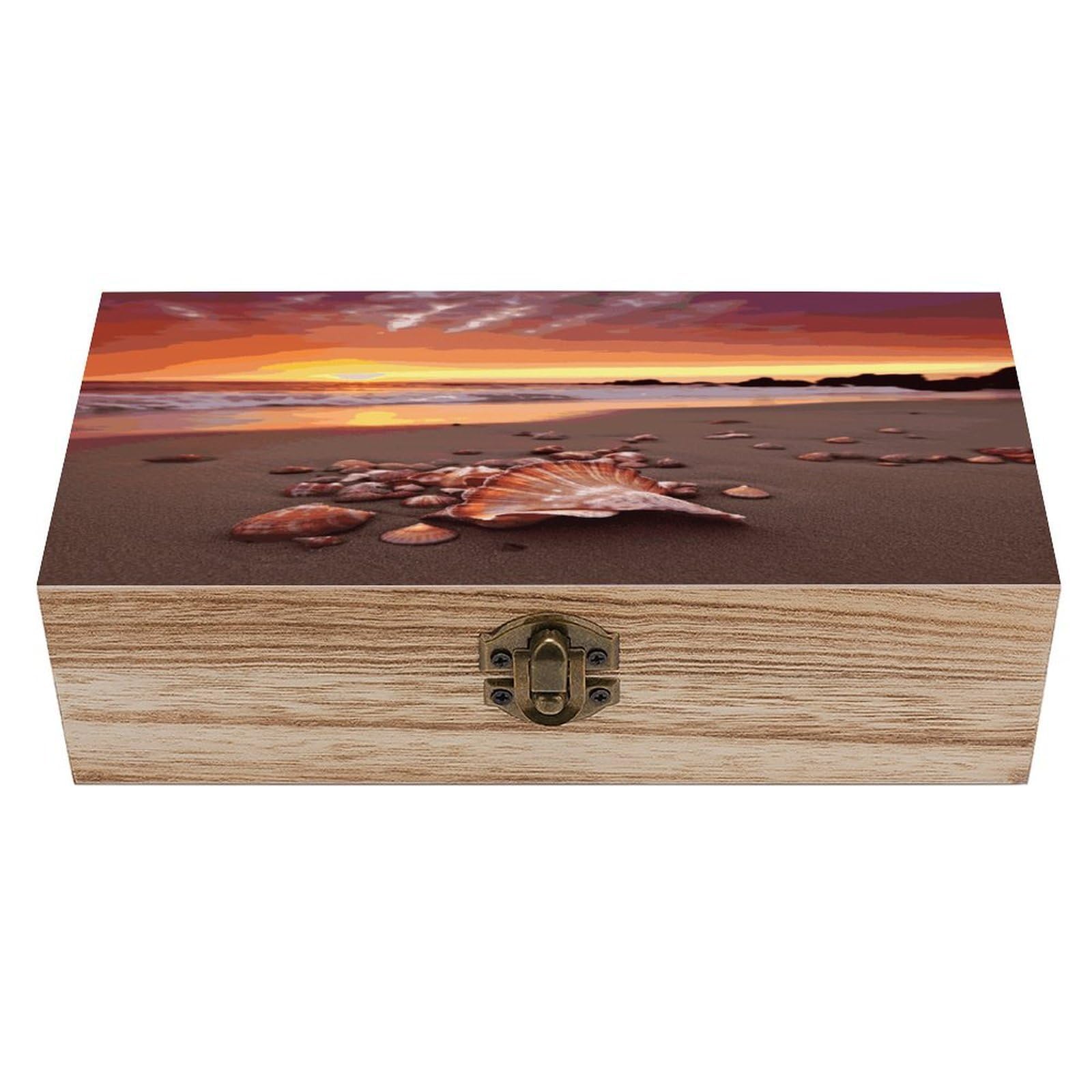 FekiLoot Shell Beach Sunset Wooden Storage Box Rustic Jewelry Box with Hinged Lid Large Jewelry Storage Case Beautifully Keepsake Boxes Unique Gift Ideas for Men & Women