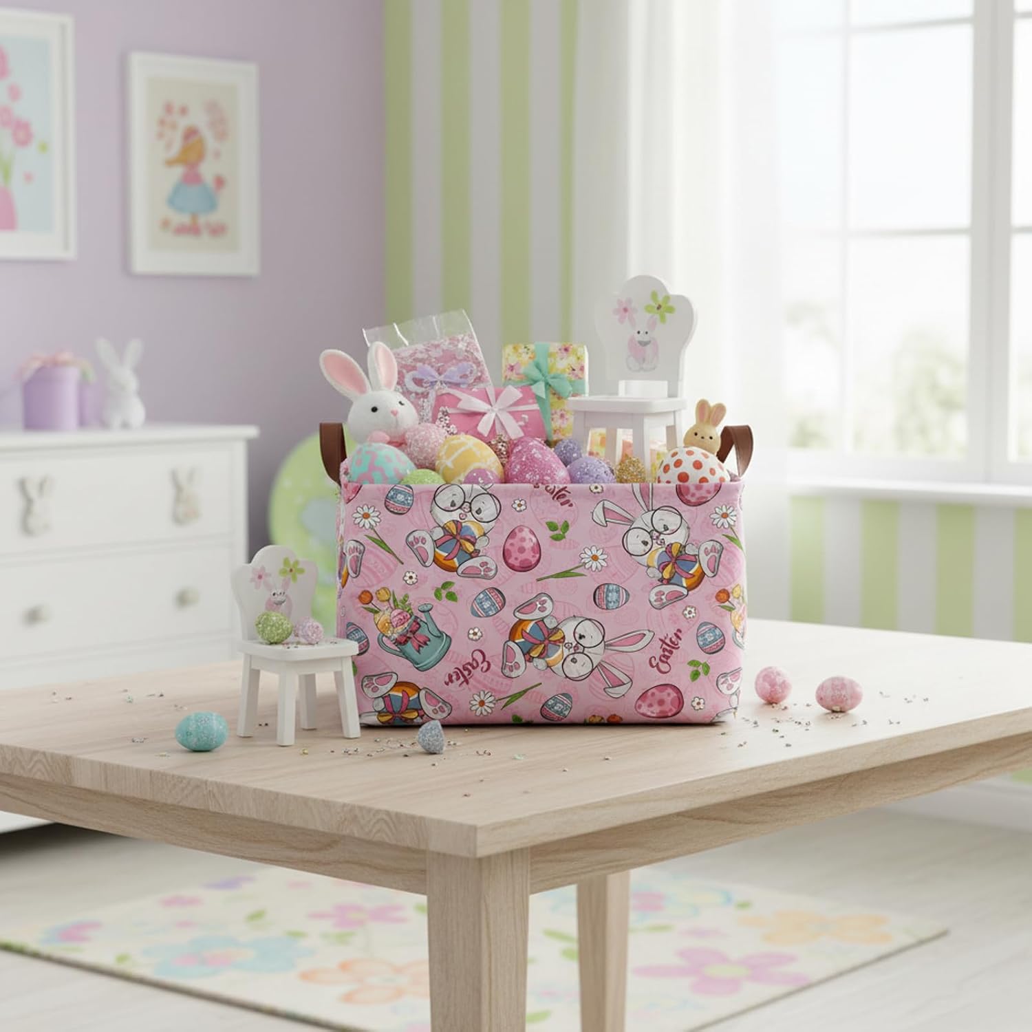 Large Easter Basket Gift Empty Cute Easter Storage Bin Kid Room Bunny Egg Decor (Pink-04)