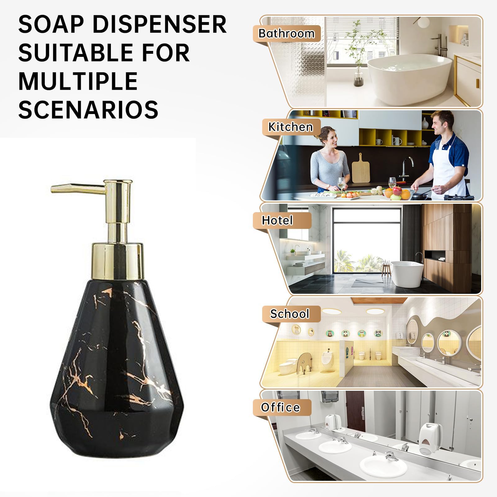 Keramik-Seifenspender mit goldener Pumpe, ovaler Marmor-Lotionspenderflasche, nachfüllbar, Hotel, WC, leer, wiederverwendbar, Badelotion, Pumpglas (schwarz, 500 ml)