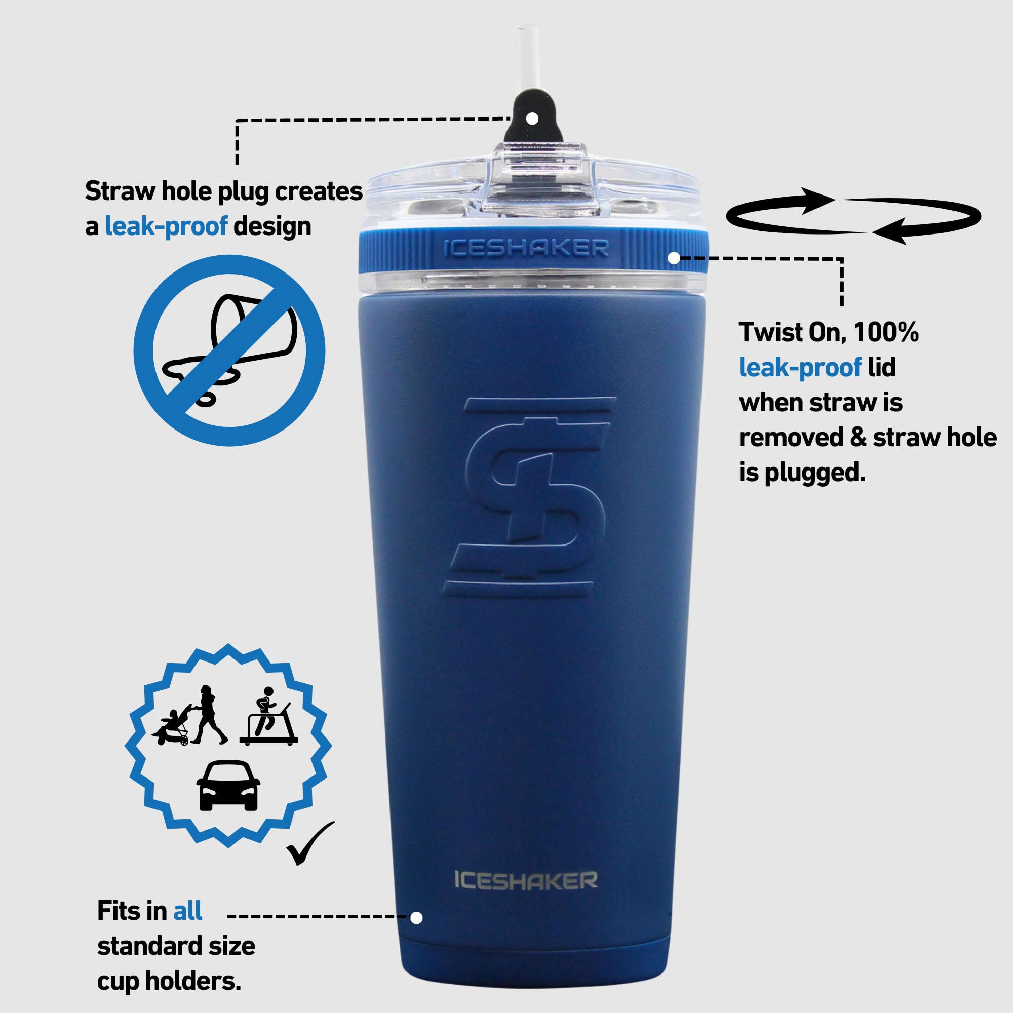 Ice Shaker 750 ml Edelstahlflasche, isolierte Wasserflasche mit Strohhalm, Marineblau